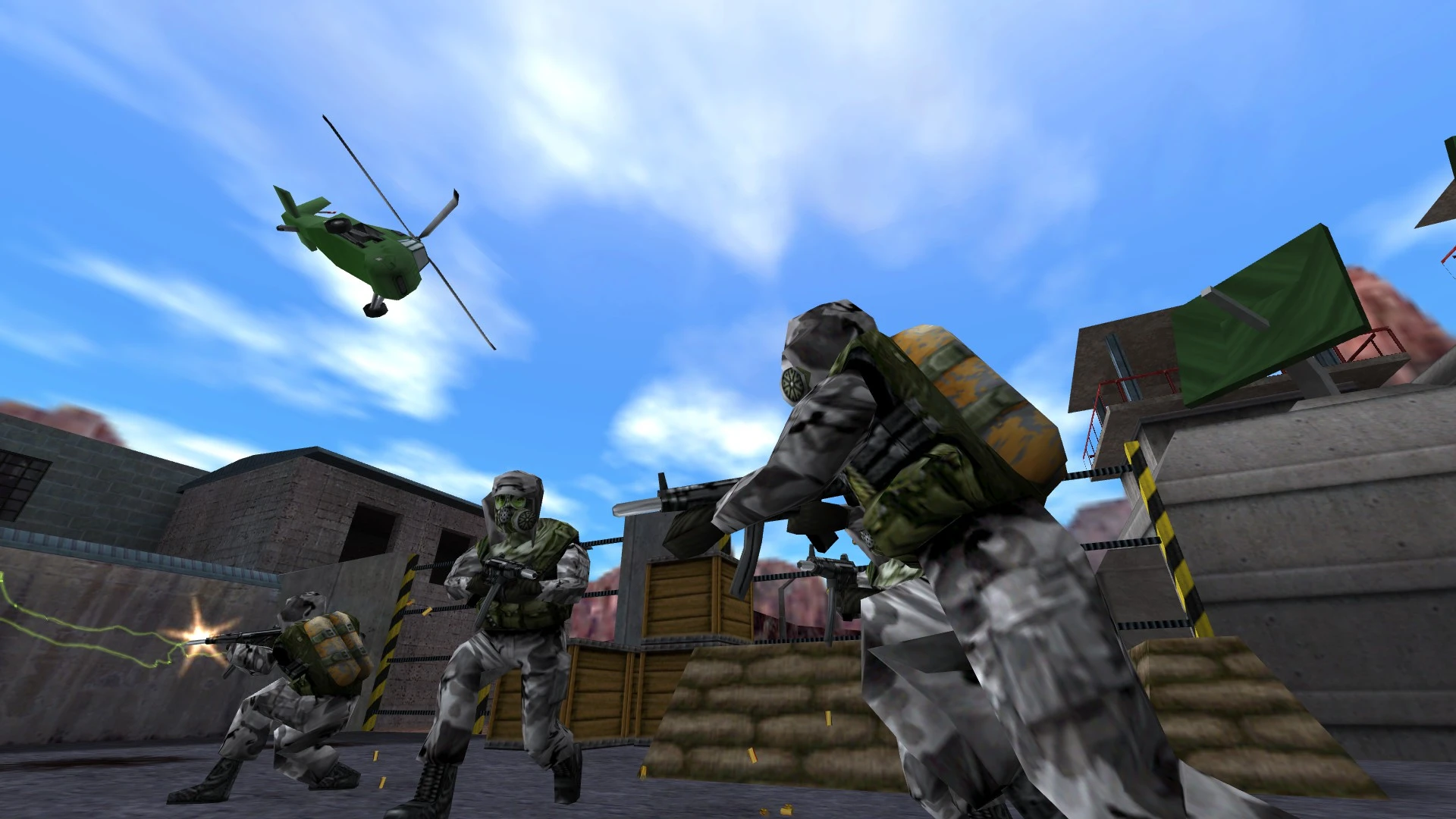 Trzech żołnierzy w kamuflażu i maskach gazowych strzela, a nad nimi lata zielony helikopter w modzie Half-Life Reprocessing