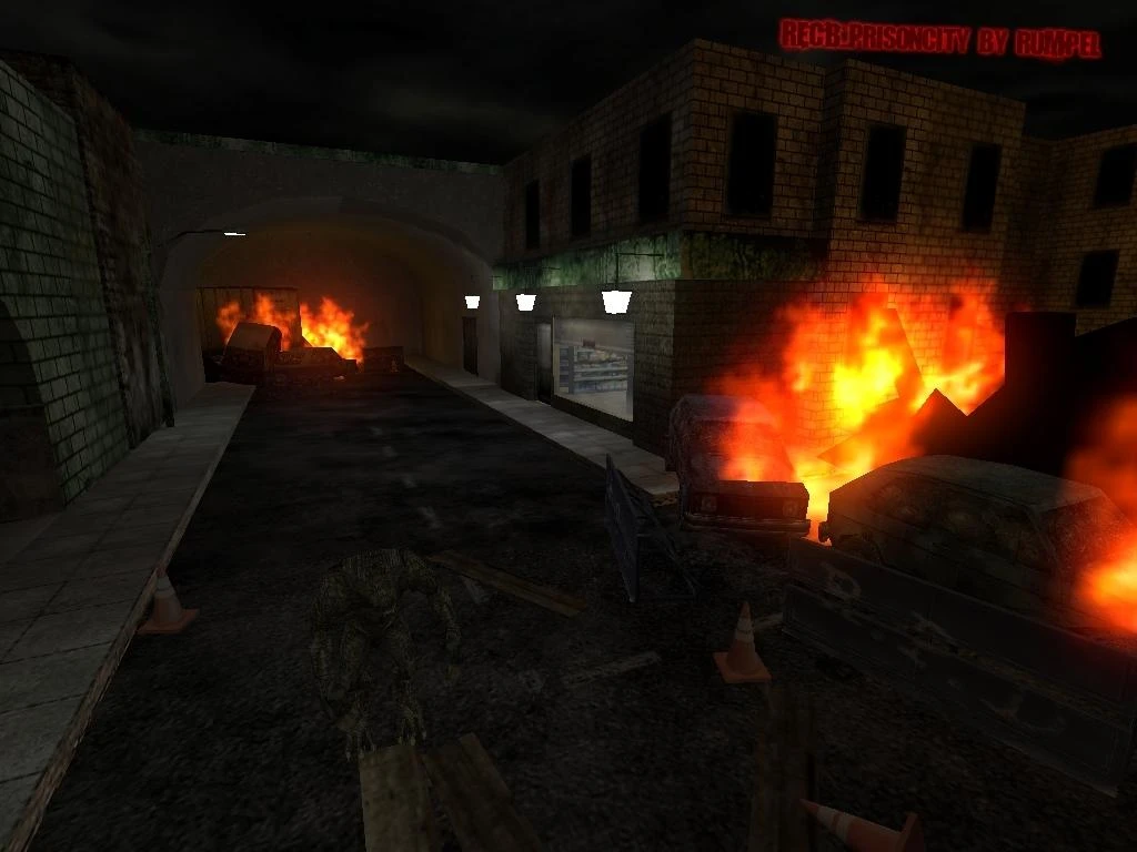 Coches en llamas bloquean una calle oscura con edificios dañados en el mod Resident Evil Cold Blood de Half-Life