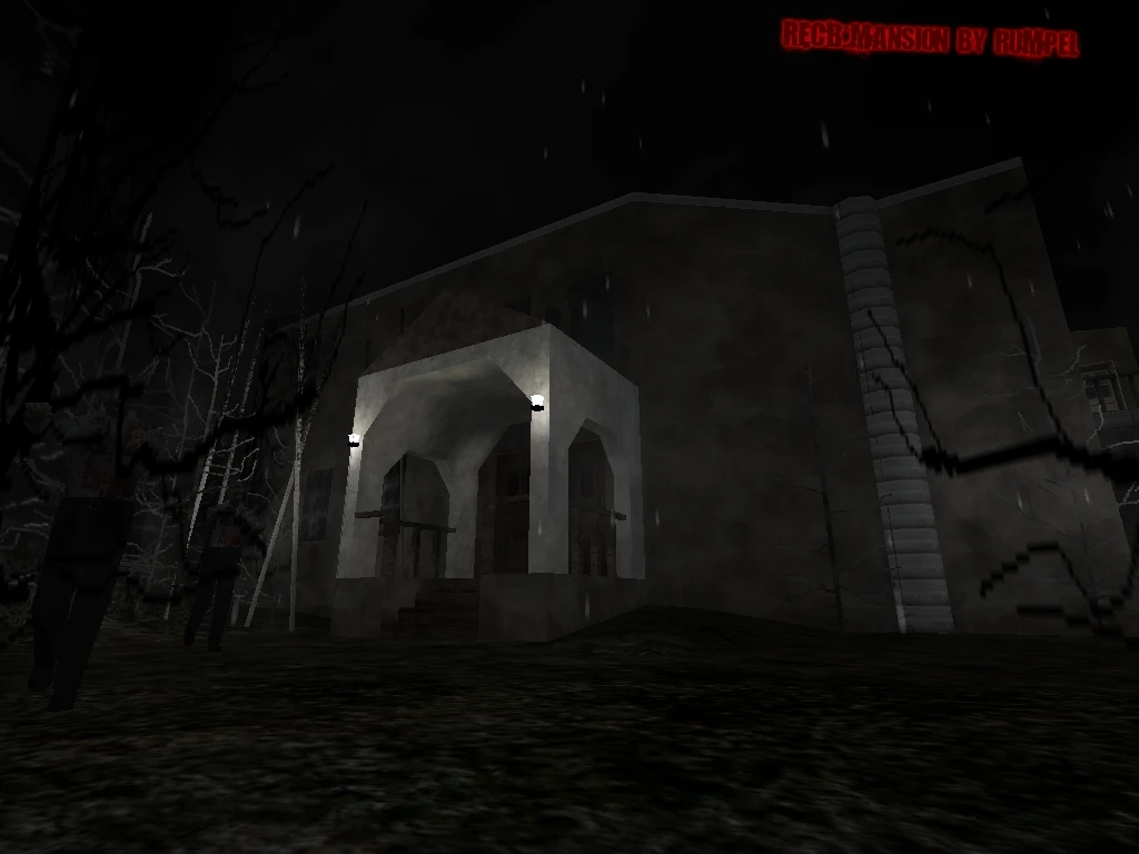 La lluvia cae sobre la entrada oscura de la mansión con dos figuras acercándose en el mod Resident Evil Cold Blood