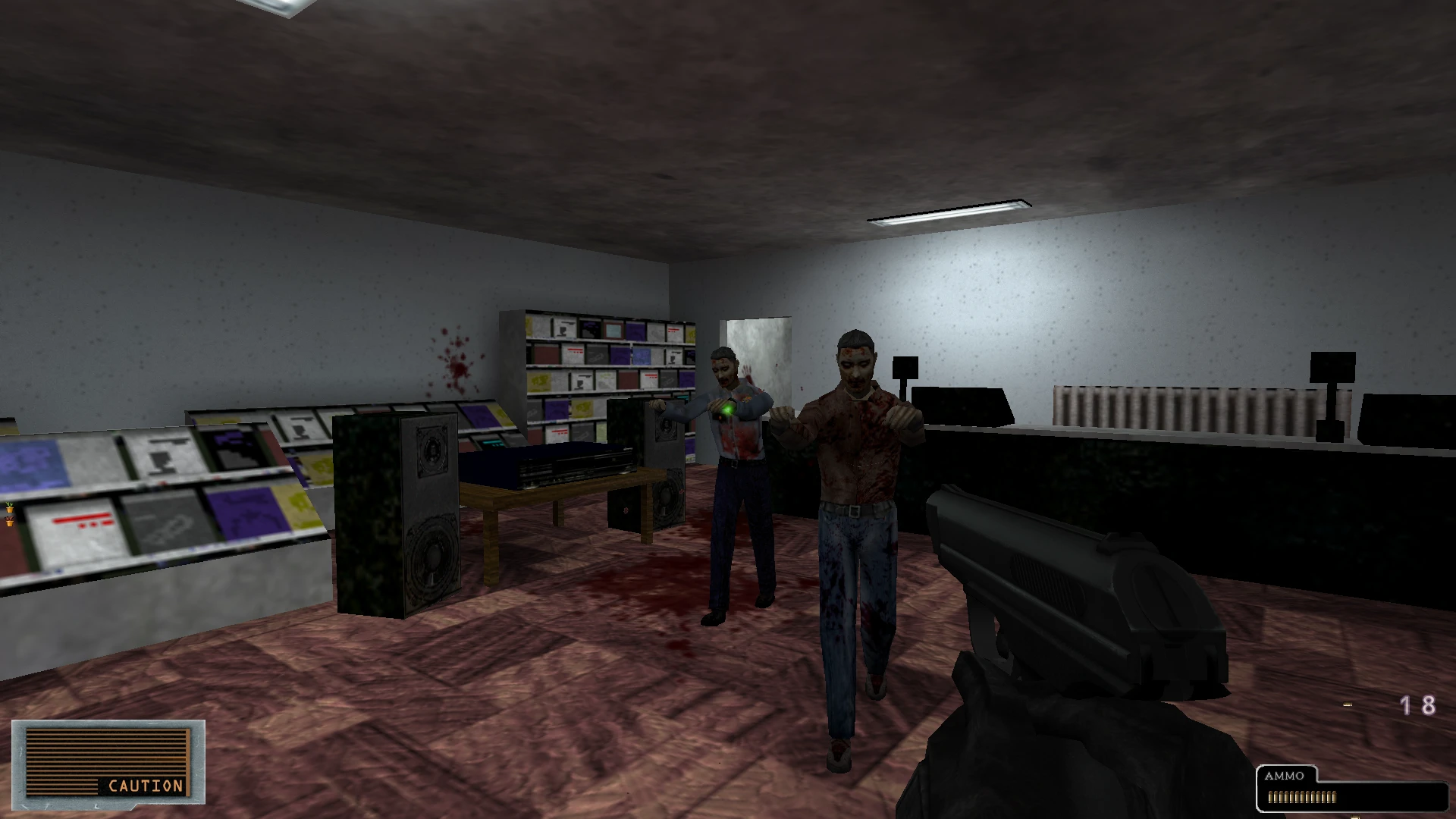 Vista en primera persona disparando a dos zombis dentro de una oficina con estanterías y altavoces en el mod Resident Evil Cold Blood