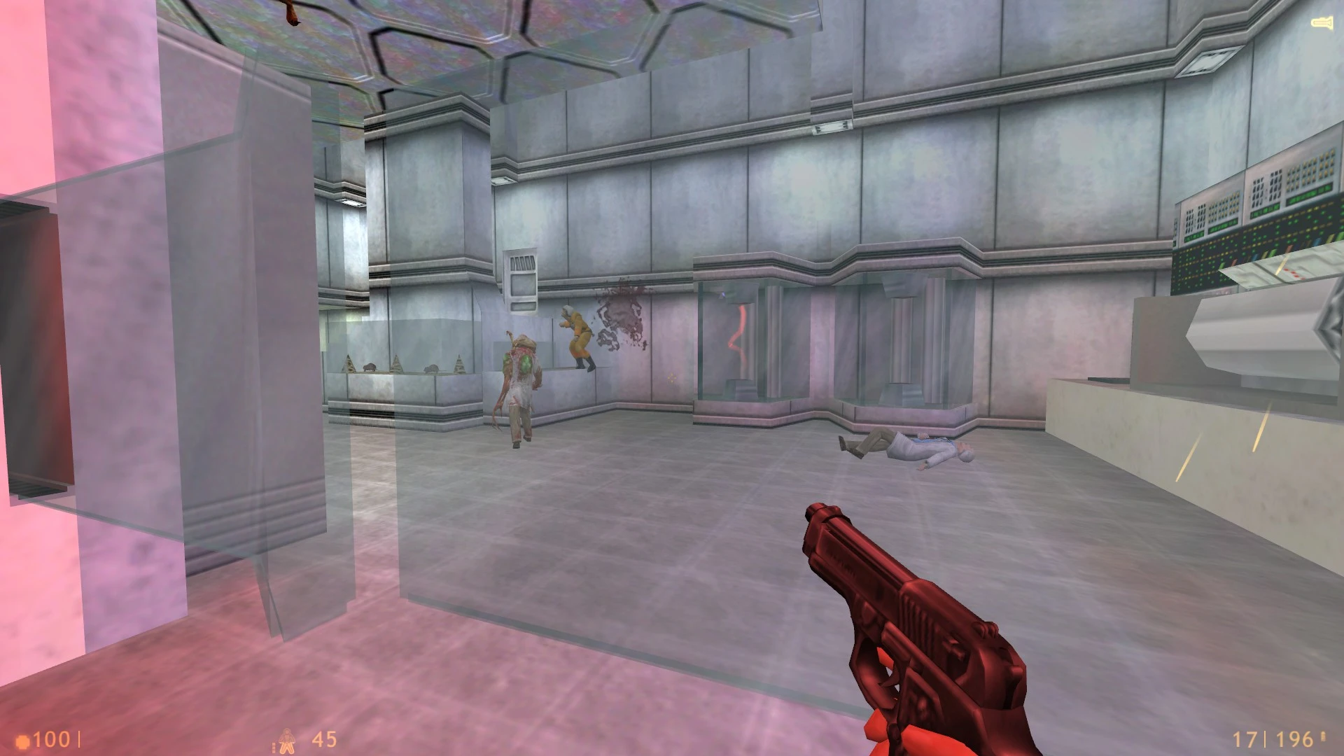 Jugador sosteniendo una pistola en una sala futurista con enemigos y un científico muerto en el mod Shift-Two de Half-Life