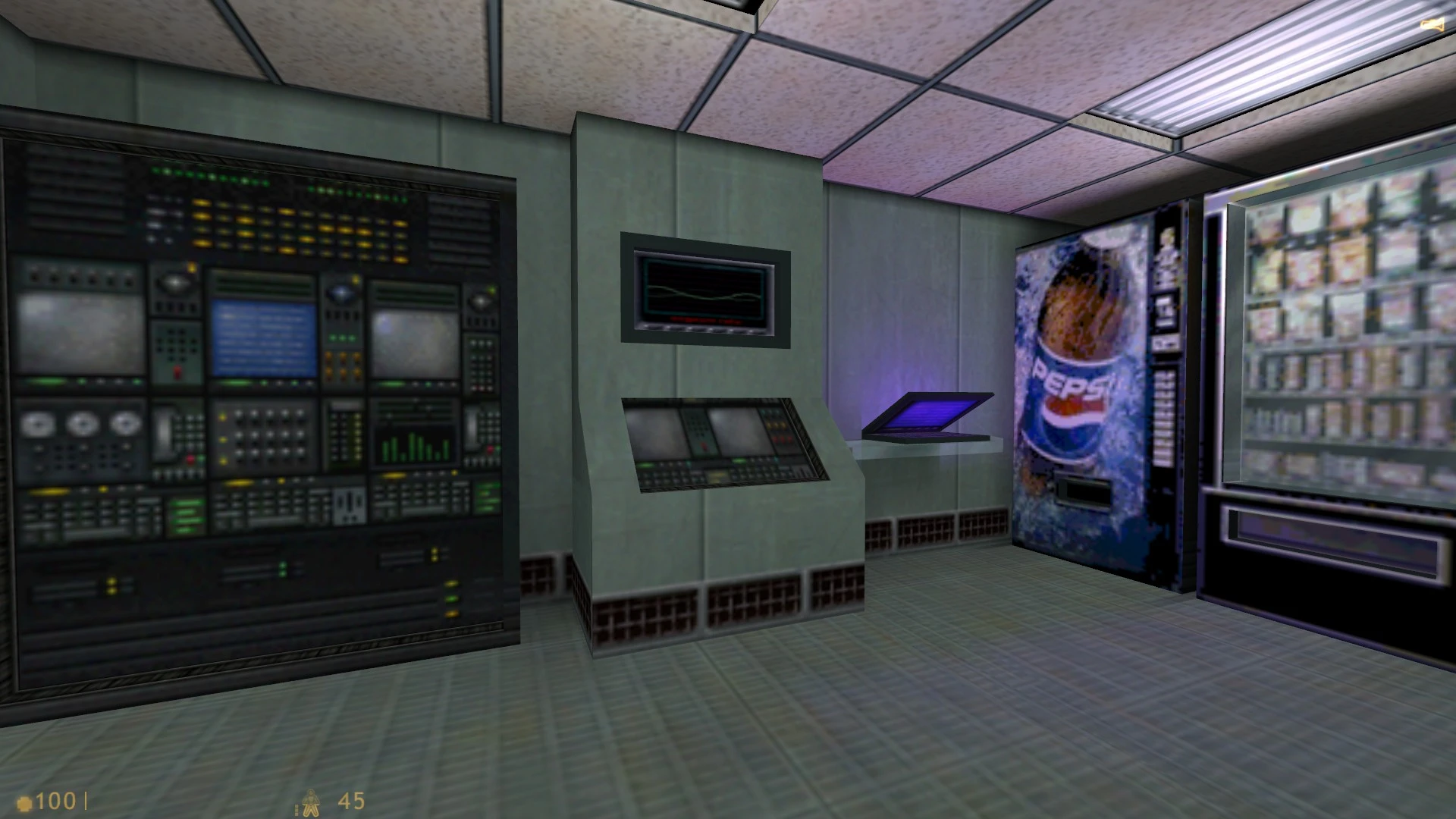 Interior del mod Shift-Two de Half-Life con paneles de control y máquinas expendedoras, incluido un dispensador de Pepsi