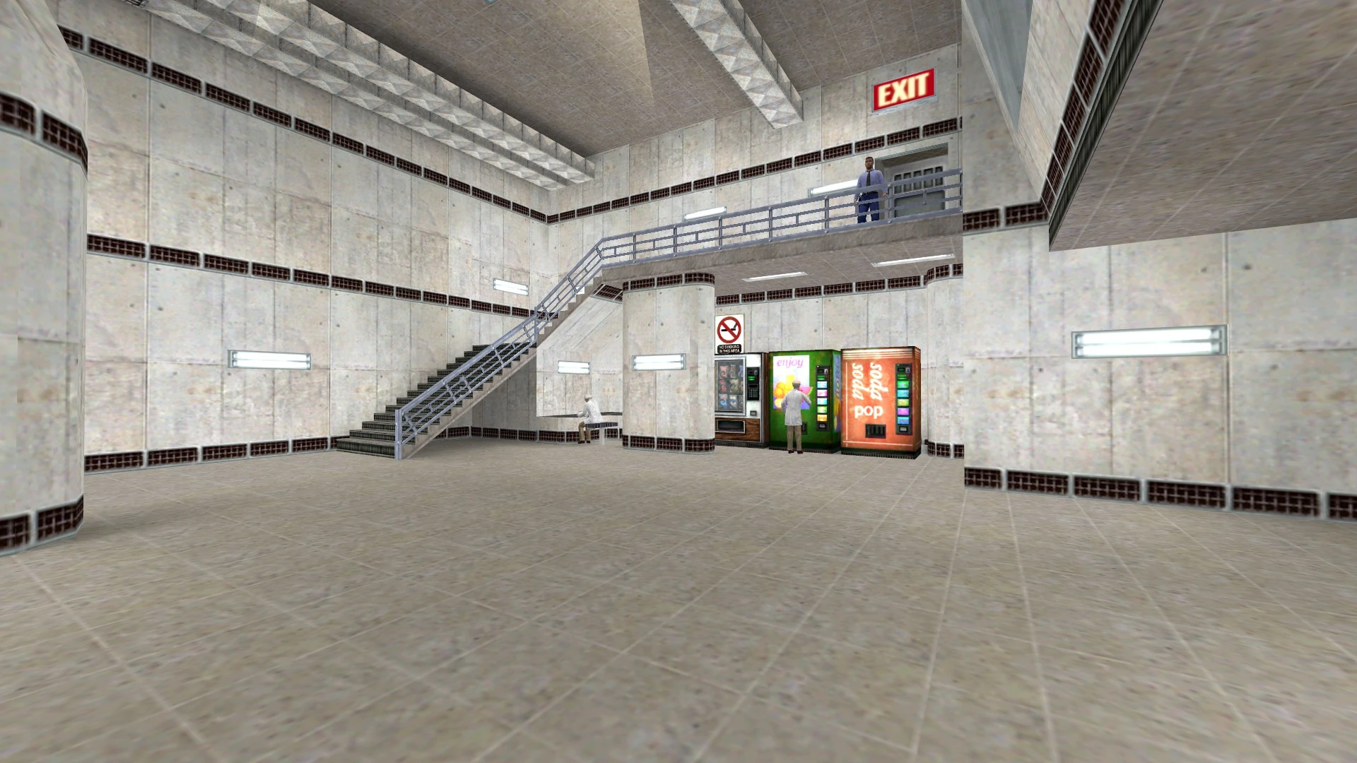 Gran sala de concreto con escaleras, máquinas expendedoras y personajes con vestimenta científica bajo un cartel de salida
