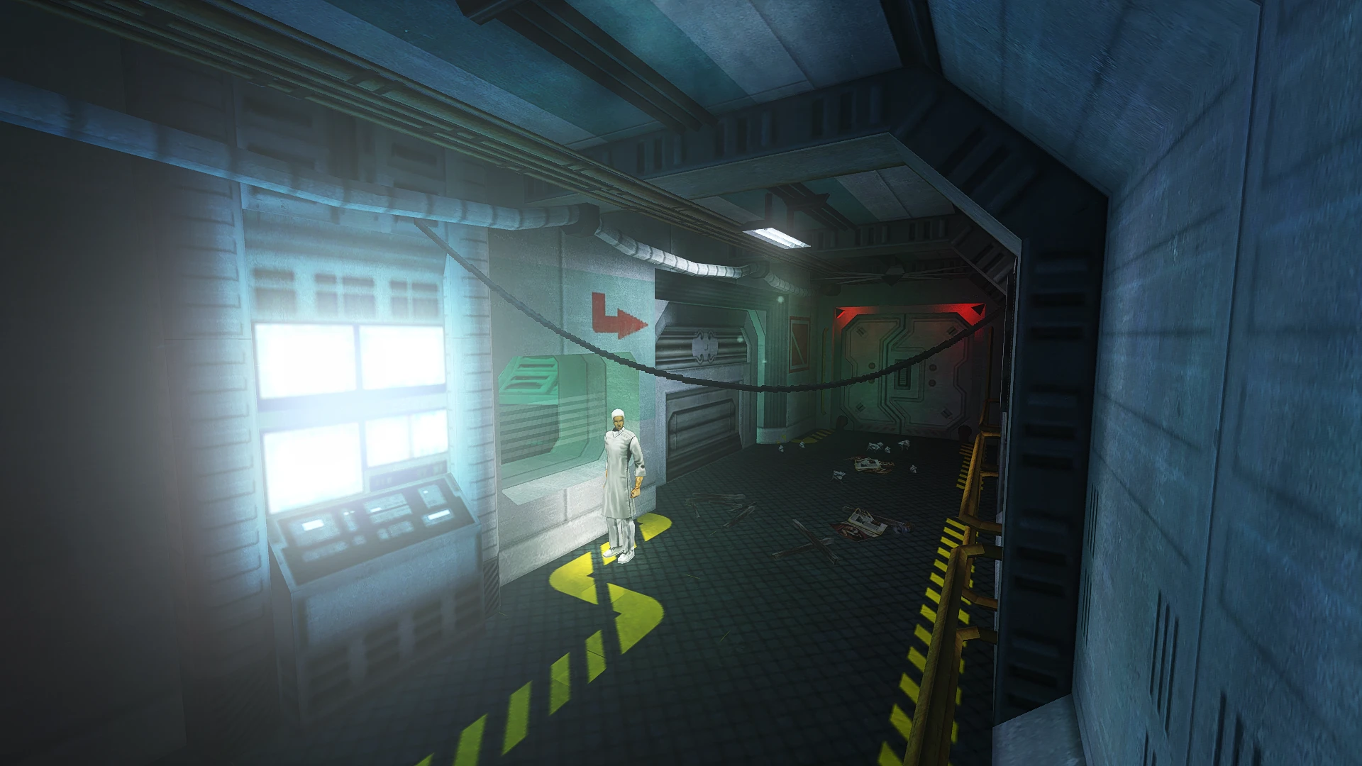 Eine Person steht in einem schwach beleuchteten, Sci-Fi-Korridor mit leuchtenden Bedienfeldern und verstreutem Schutt im Half-Life Mod Solitary Echoes
