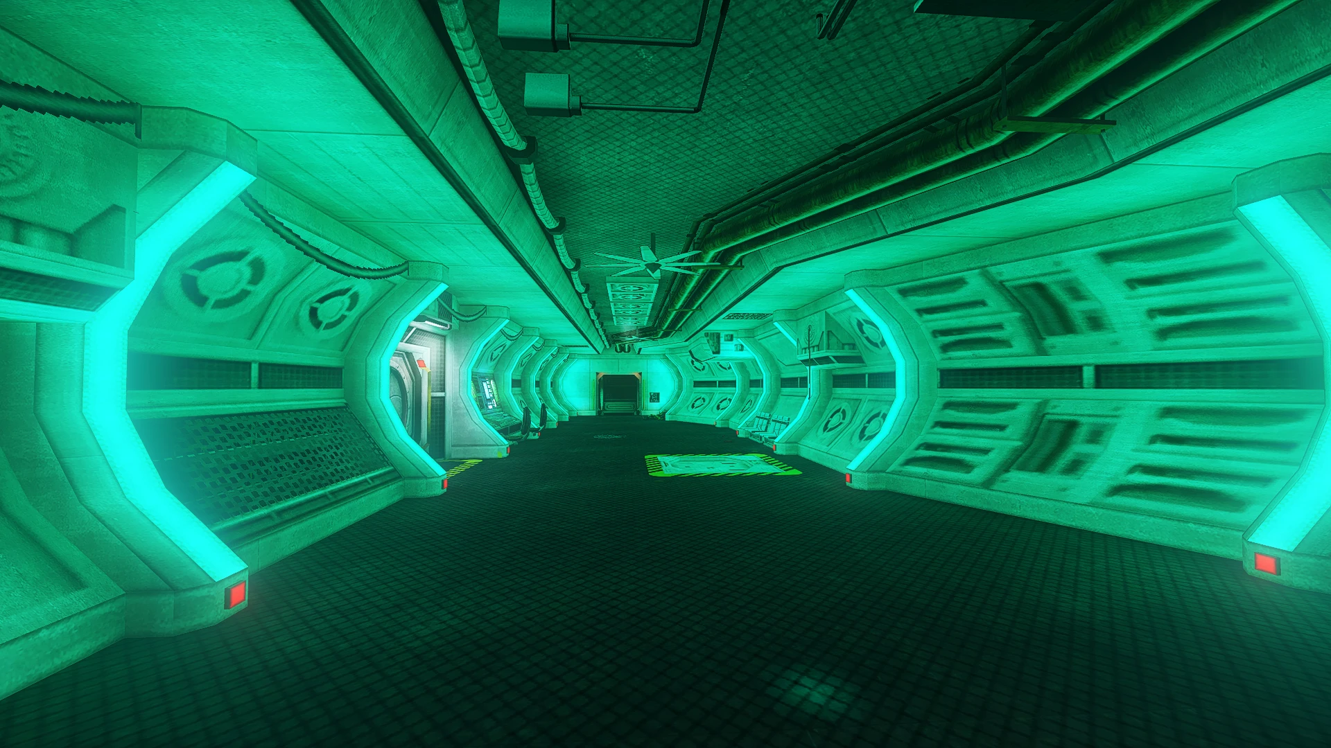 Innenansicht eines leuchtenden futuristischen Korridors mit grüner Beleuchtung und Metallwänden im Half-Life-Mod Solitary Echoes