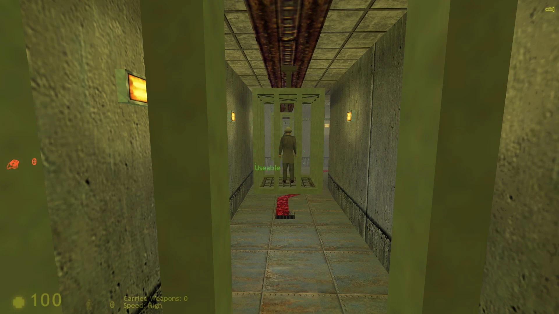 Half-Life gameplay showing a narrow corridor with a caged NPC and a useable interaction prompt