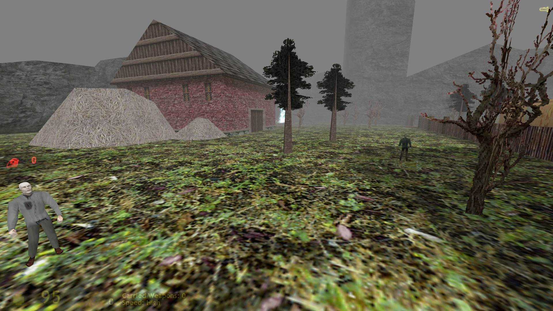 Foggy rural scene with brick house, haystacks, trees, and characters in Half-Life Survive in Catacombs Relit mod