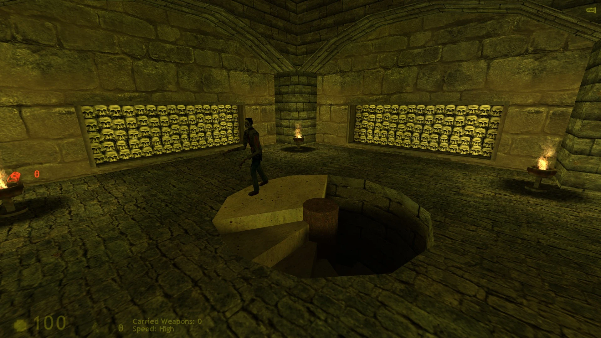 Player character stands on a stone platform near stairs in a dim catacomb with skull walls and burning torches