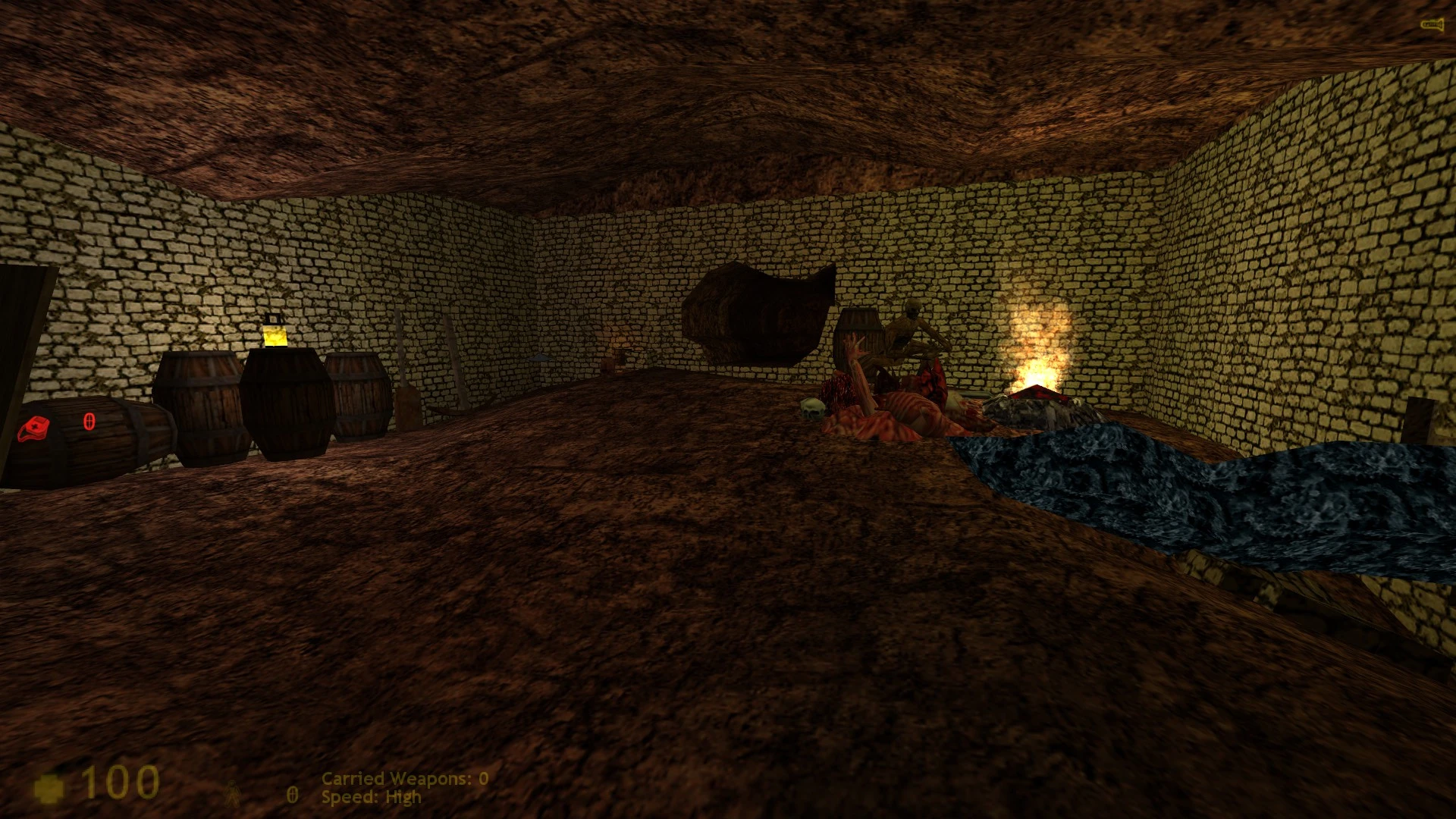 Dark catacomb interior with stone walls, barrels, campfire, and scattered skeletons in Half-Life mod