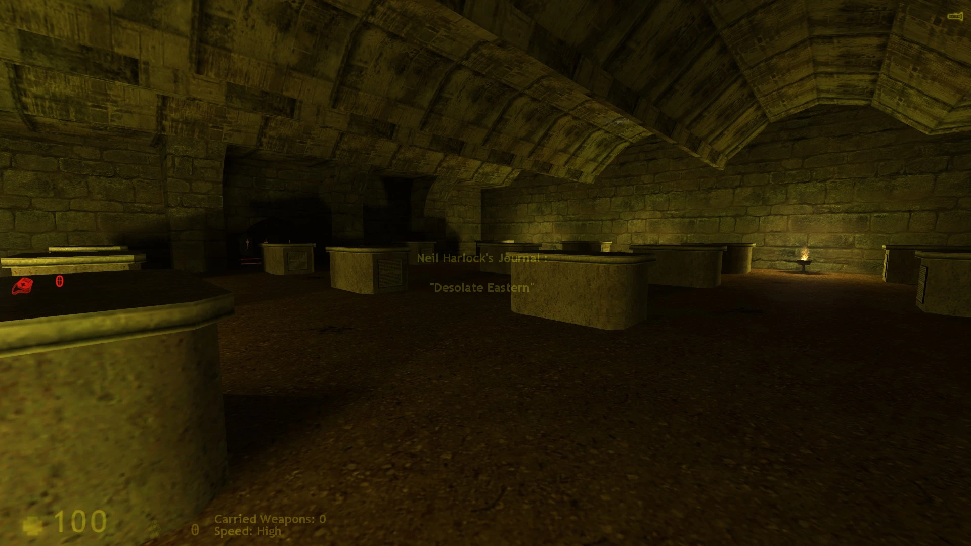Dimly lit stone catacombs with sarcophagi and a small flame on the wall in Half-Life mod