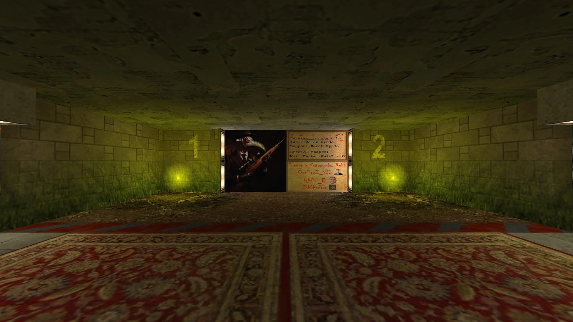Dimly lit stone catacomb corridor with numbering 1 and 2 on walls and a painting of a plague doctor holding a gun