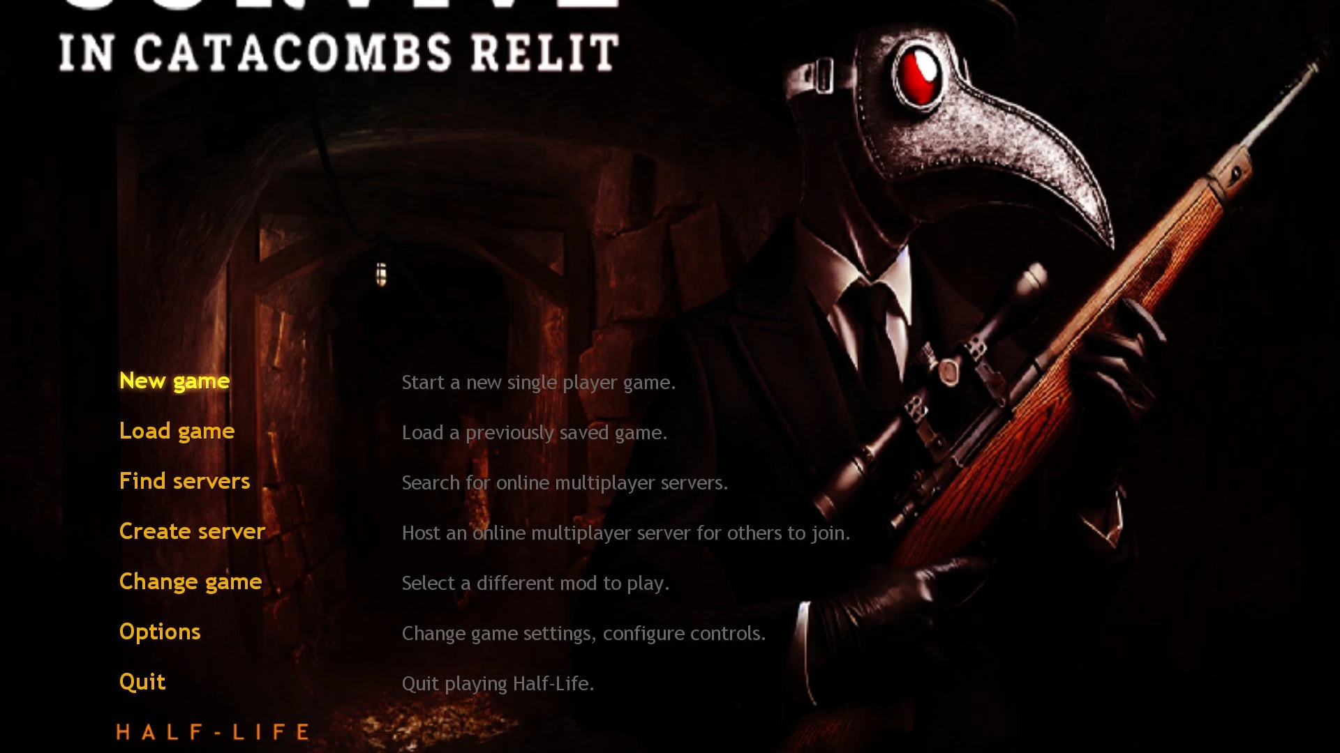 Half-Life mod menu showing dark catacombs background and character with plague doctor mask holding sniper rifle