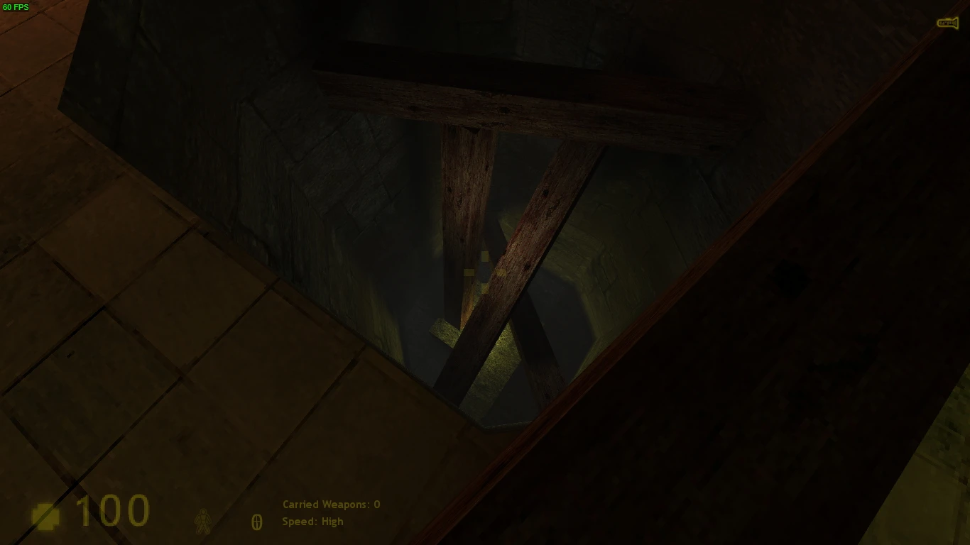 View looking down a dimly lit catacomb shaft with wooden beams blocking the way in Half-Life mod