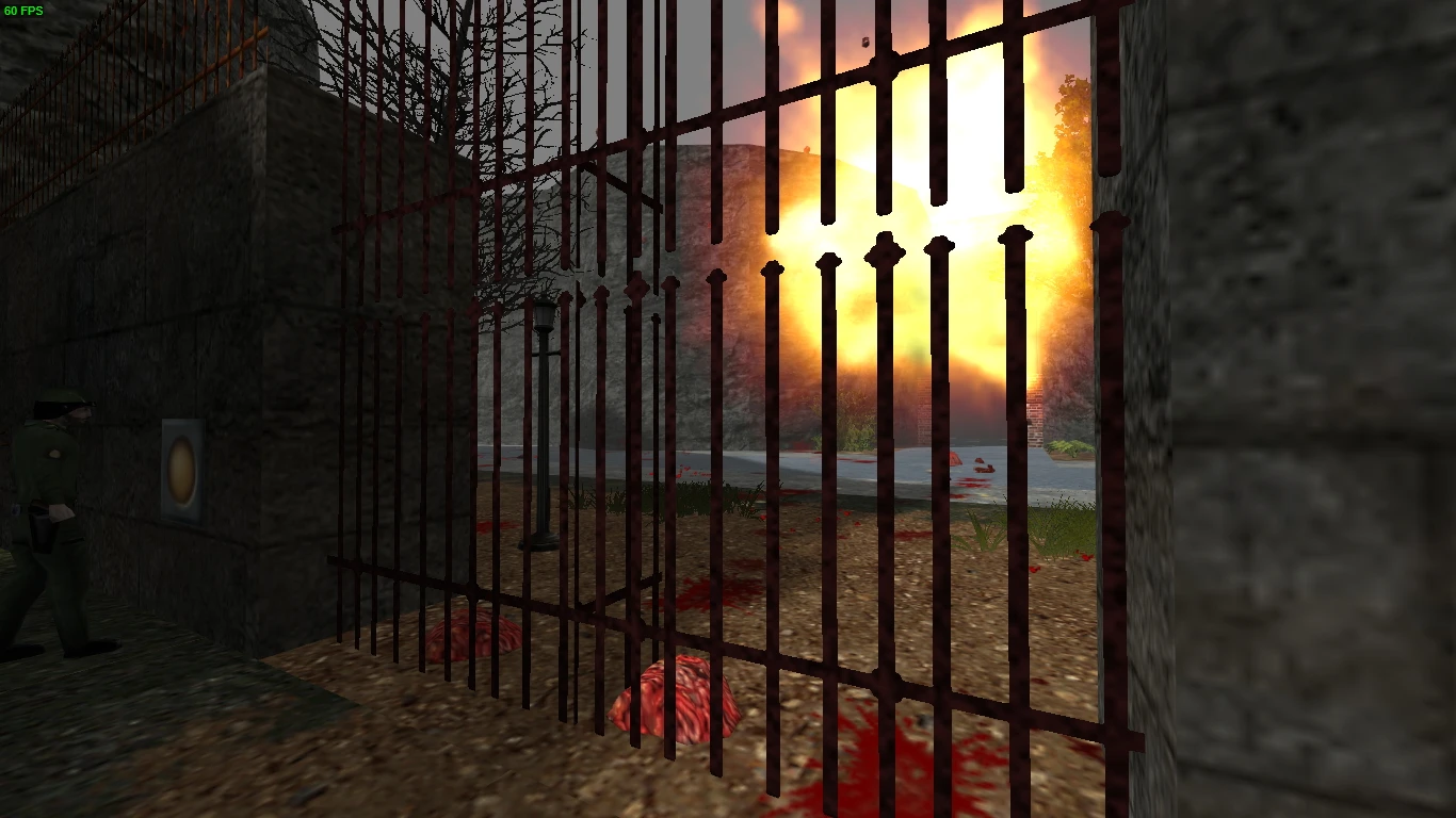 Explosive scene through iron gate with soldiers and blood patches in Half-Life Survive in Catacombs Relit mod