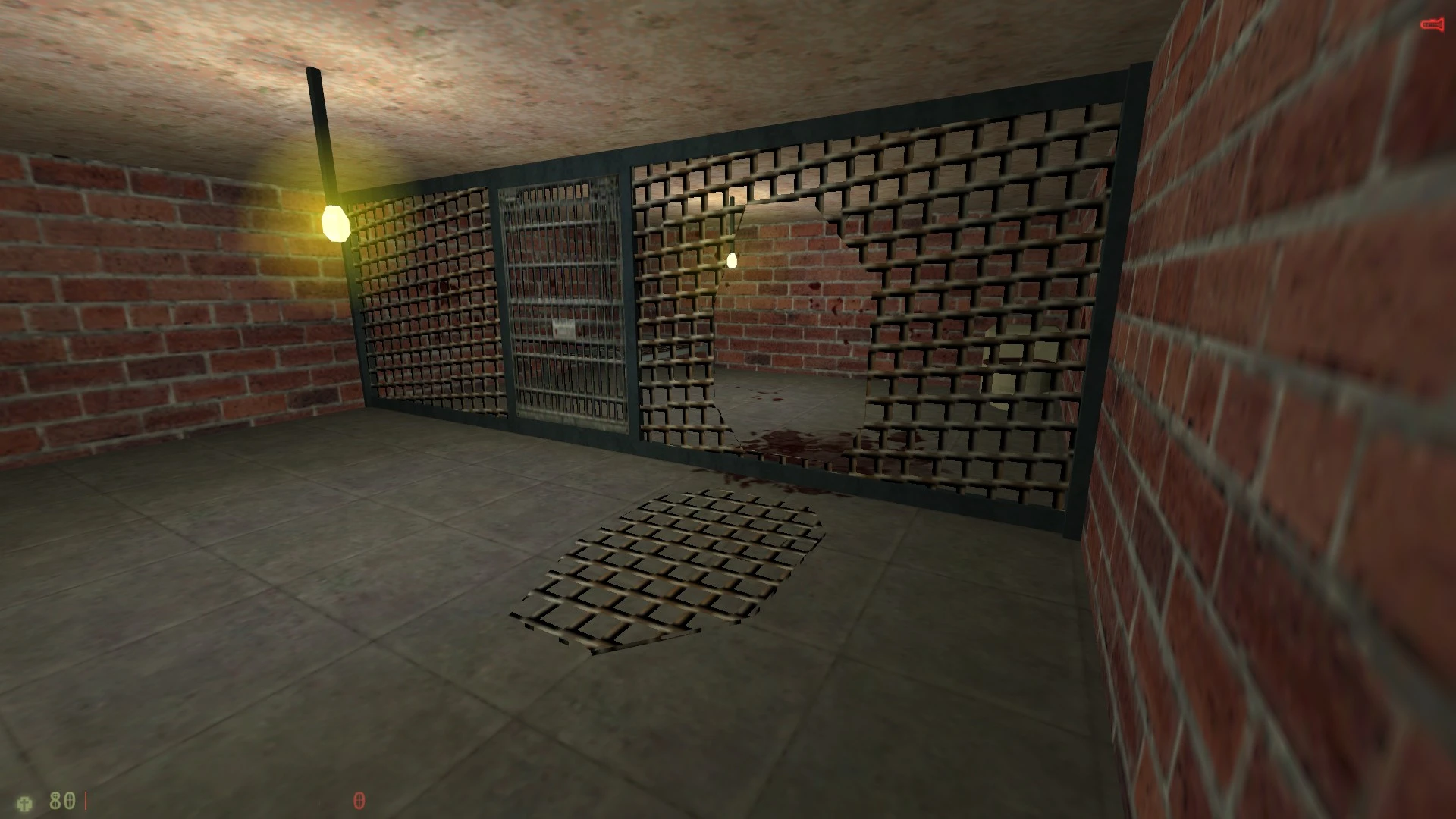 Dunkler Katakombenbereich mit Backsteinmauern, gebrochenem Metallgitterboden und -wand im Half-Life Mod