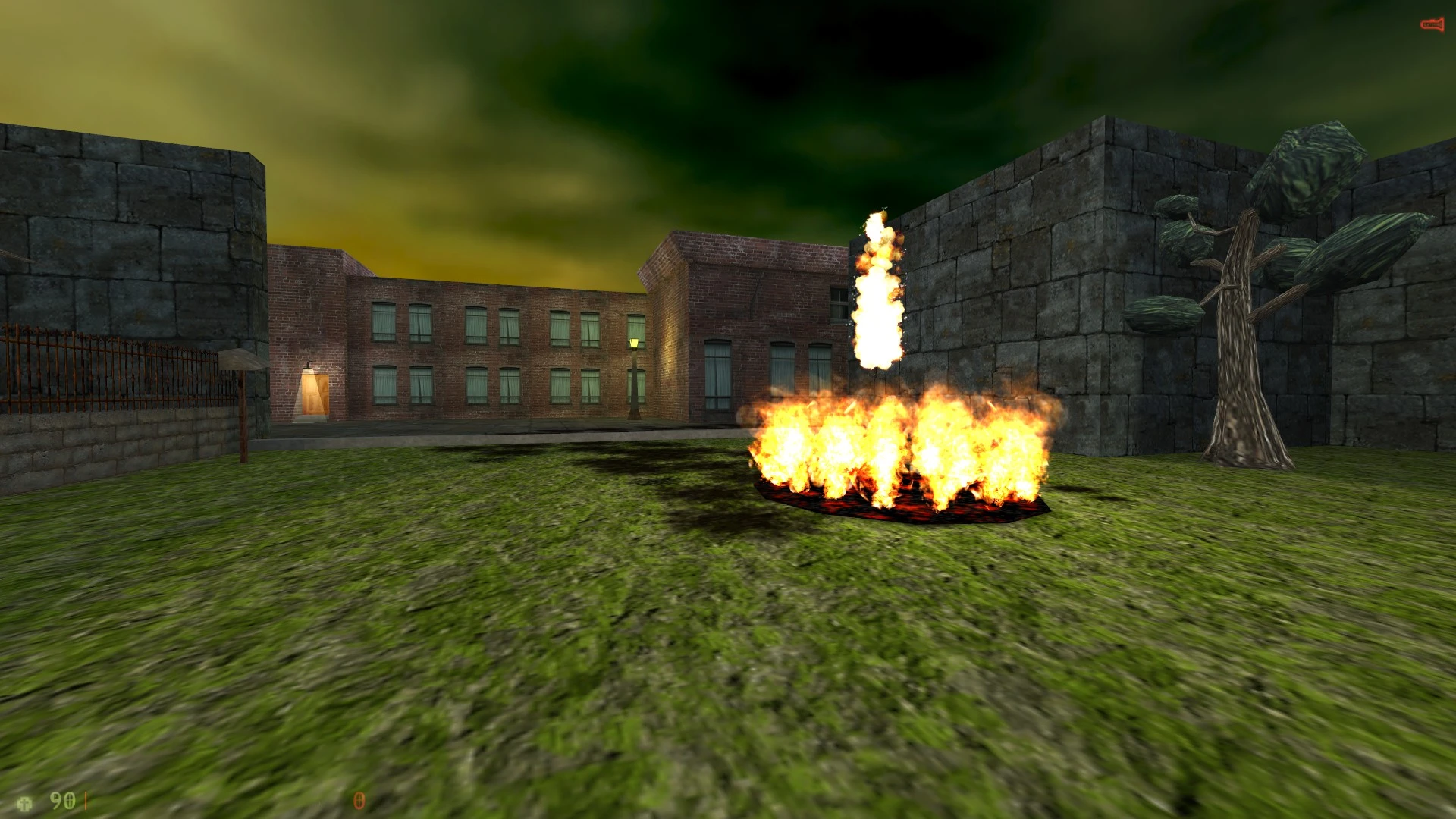 Flammen brennen auf Gras neben Steinmauern bei Sonnenuntergang im Half-Life 1998 Survive in Catacombs Mod