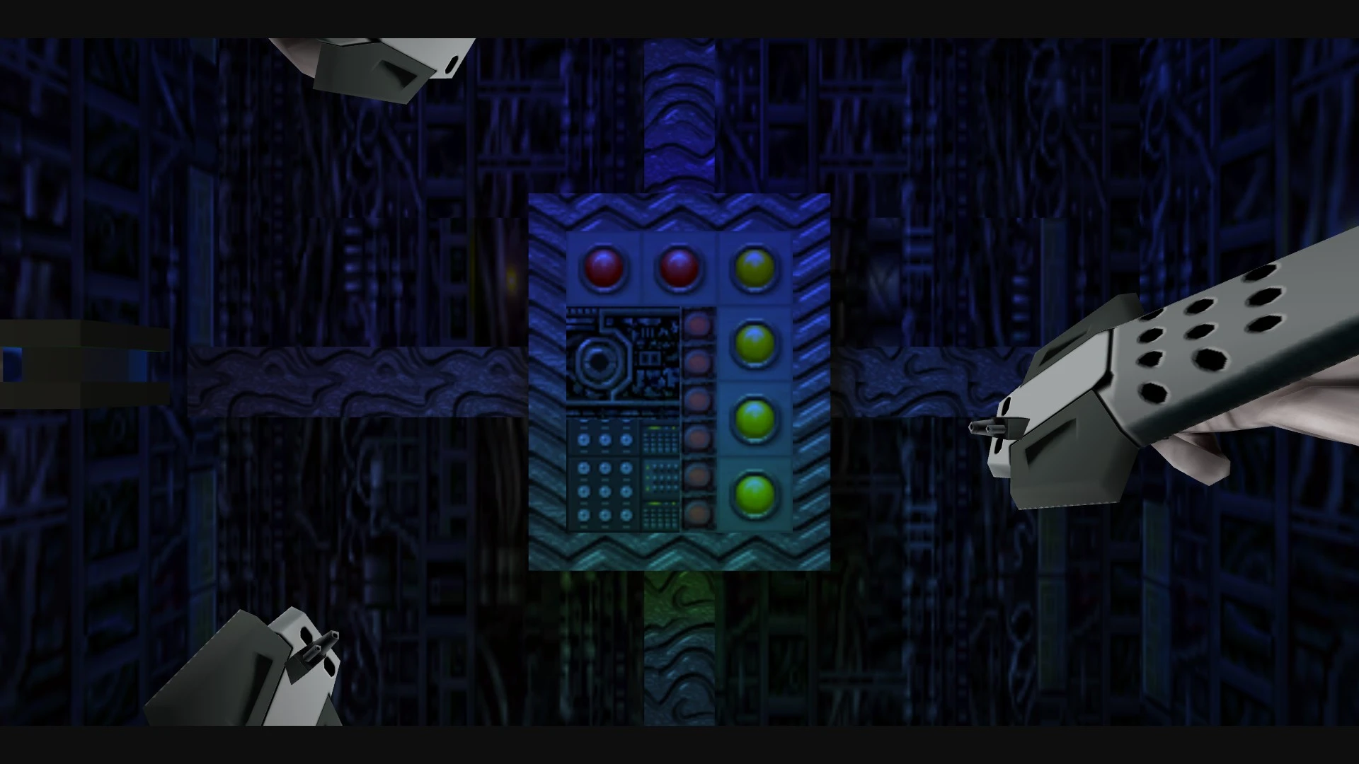 View of a detailed control panel with red and yellow lights in a dark sci-fi environment in Sweet Half-Life Relit mod