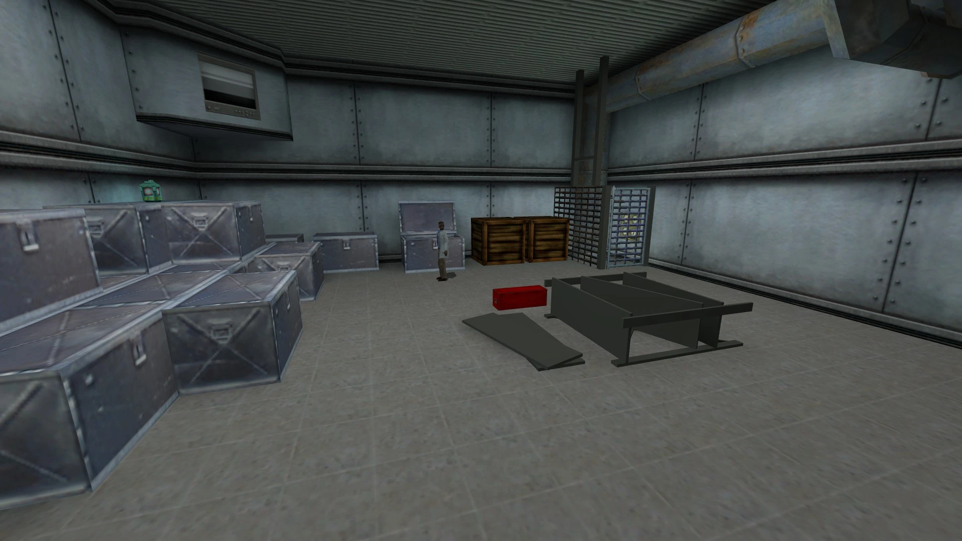 Half-Life mod screenshot showing a room with metal crates, wooden boxes, a red container, and a character near the crates