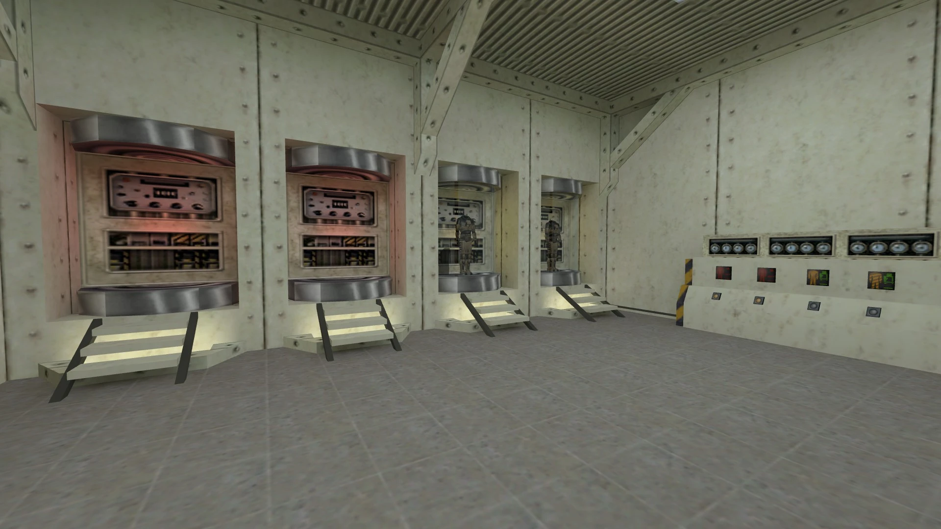 Interior view of a Half-Life mod room featuring multiple security chambers with armored suits inside