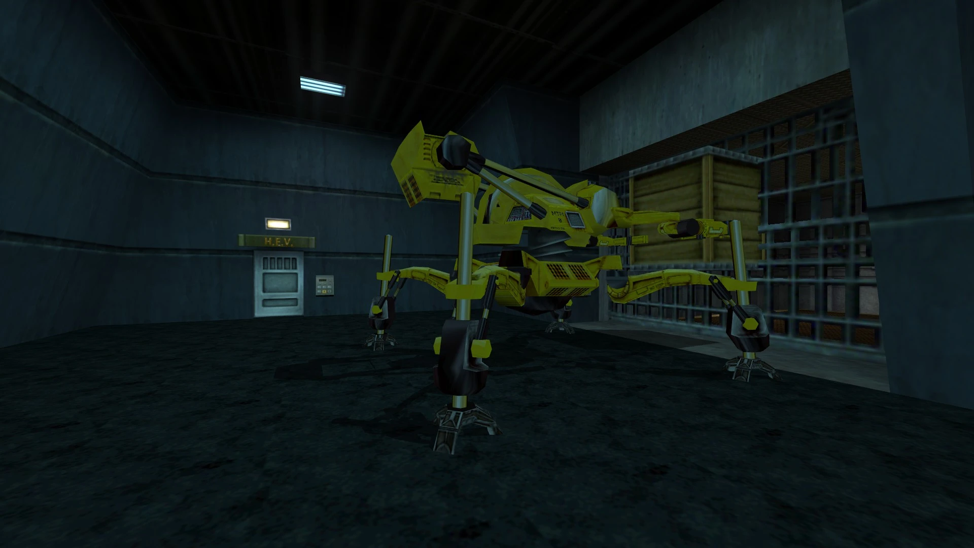 In-game screenshot showing a yellow robotic creature in a dark industrial room from Half-Life mod Sweet Half-Life Relit