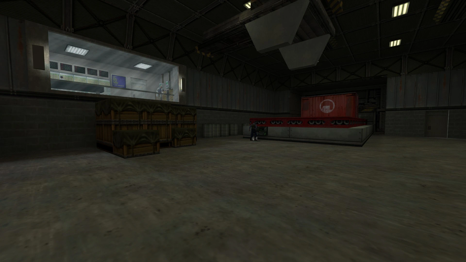 Wide view of a dimly lit industrial warehouse with crates, control panels, and characters in Half-Life mod