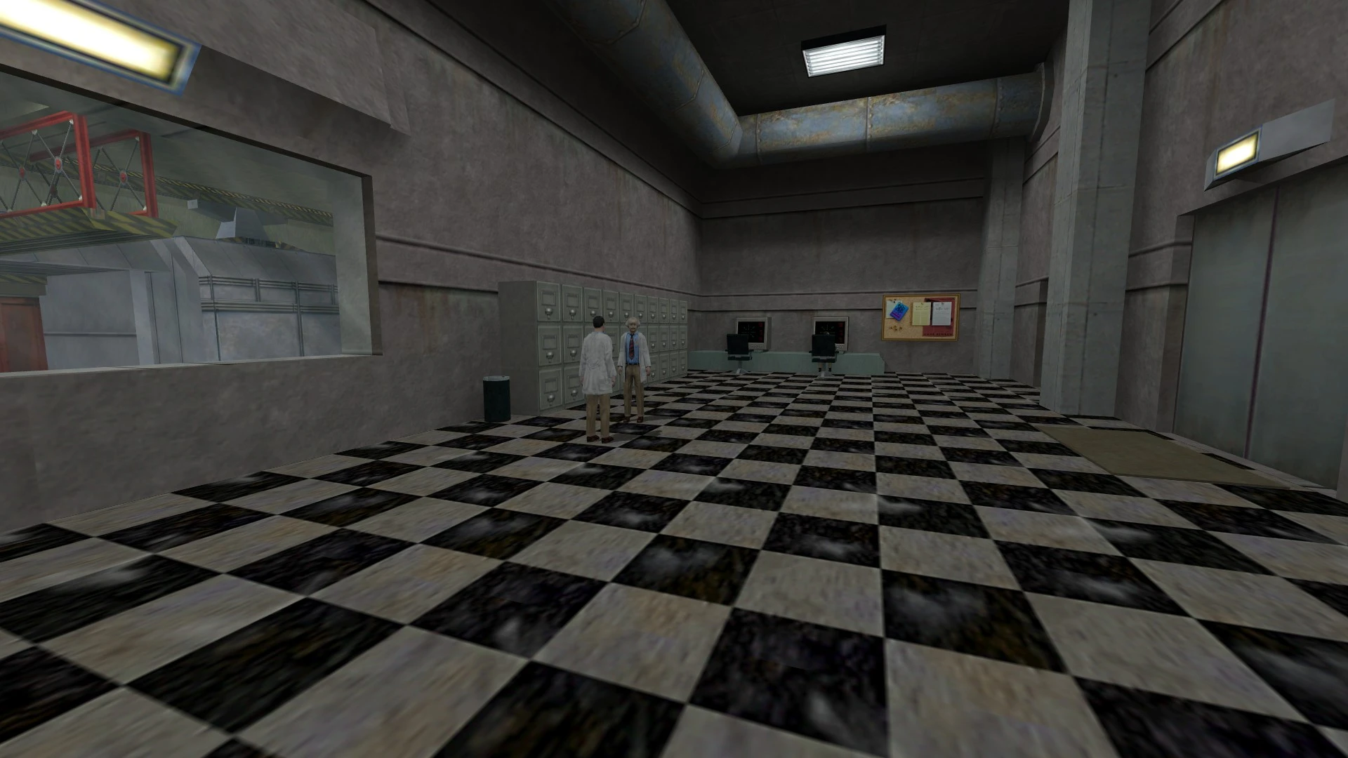 Screenshot of Half-Life mod Sweet Half-Life Relit showing a checkered floor lab room with two scientists and computer monitors