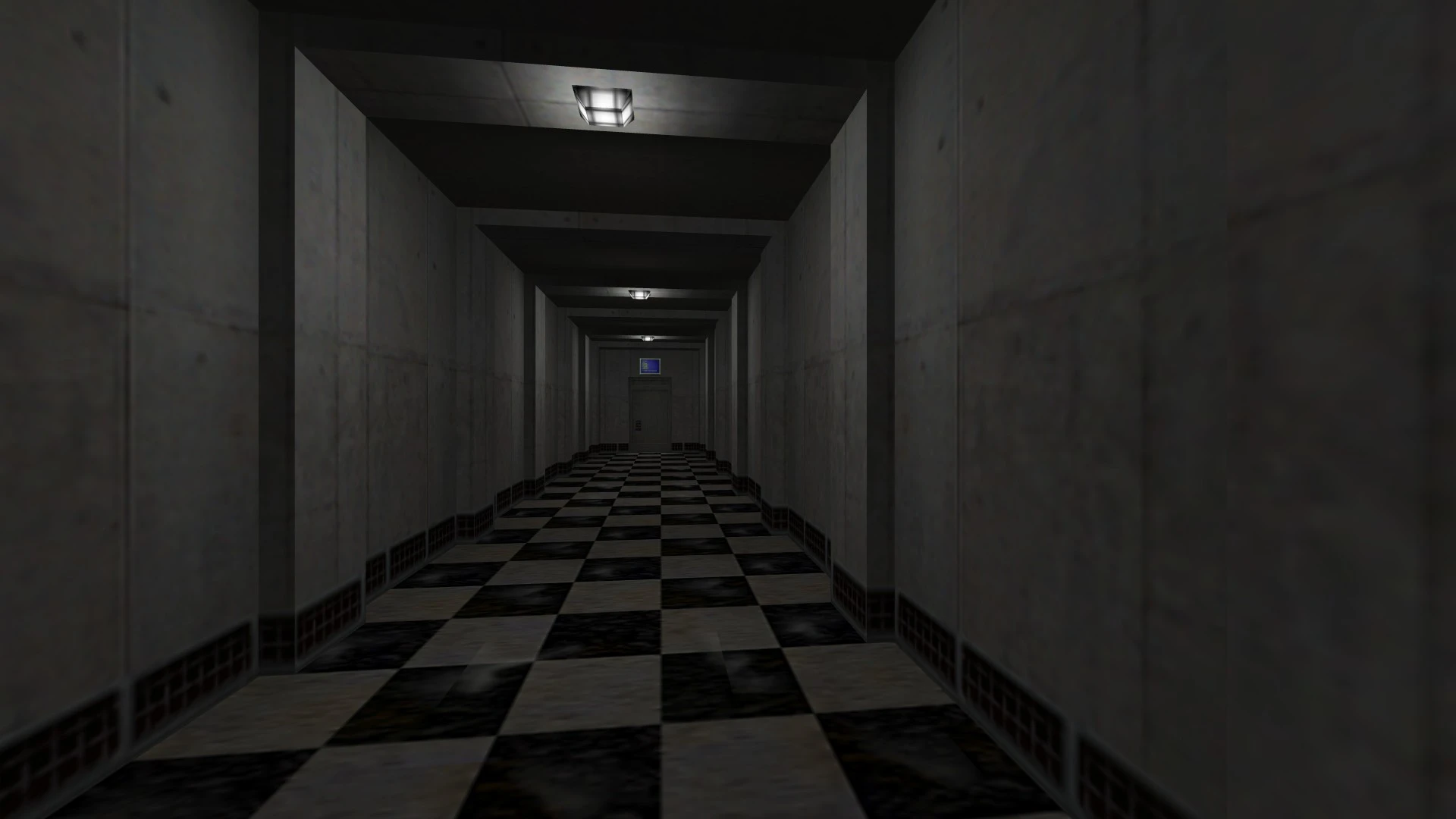 A long dimly-lit industrial hallway with a checkered floor and closed metal door at the end in Half-Life mod