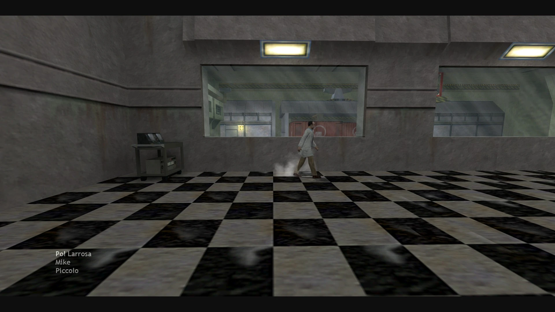 Character in lab coat walking inside a gray industrial room with checkered floor under fluorescent lights