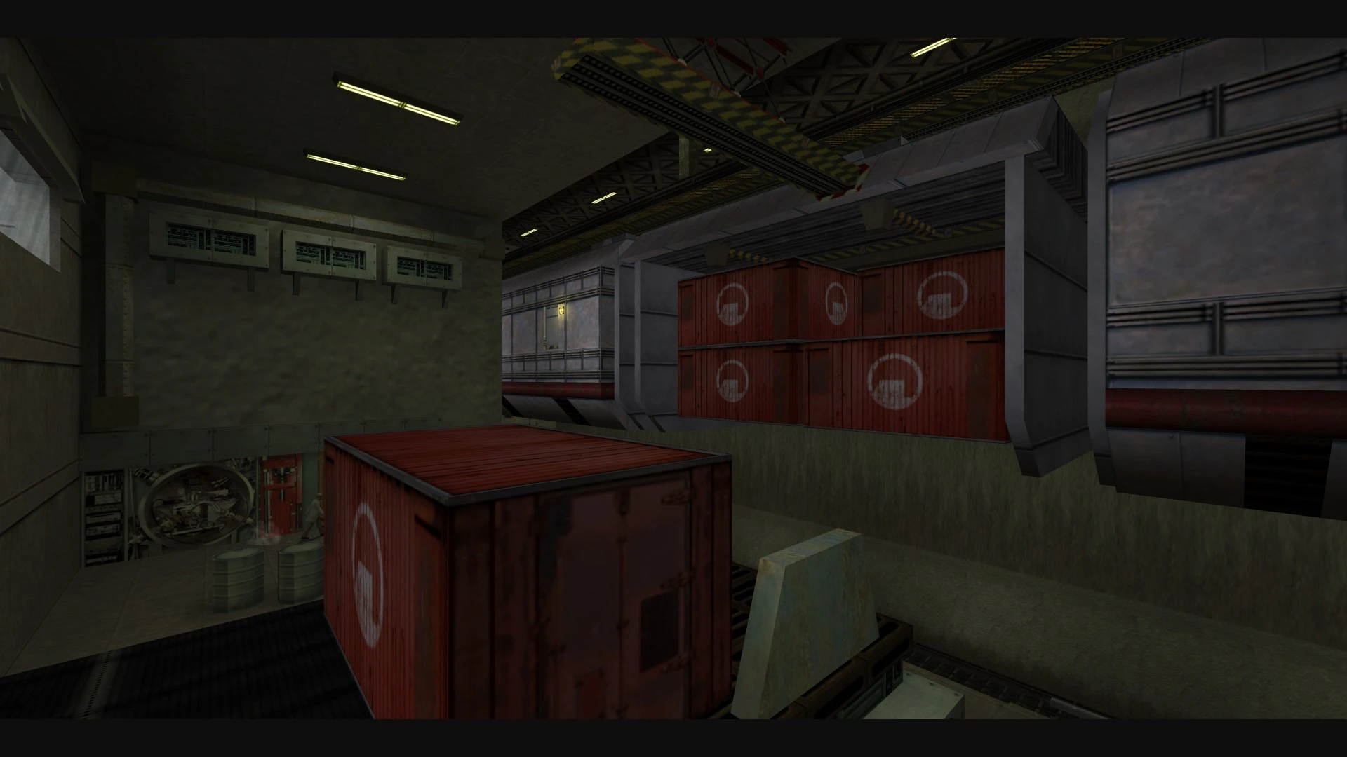 Dimly lit industrial room with stacked red shipping crates and metal walls in Half-Life mod