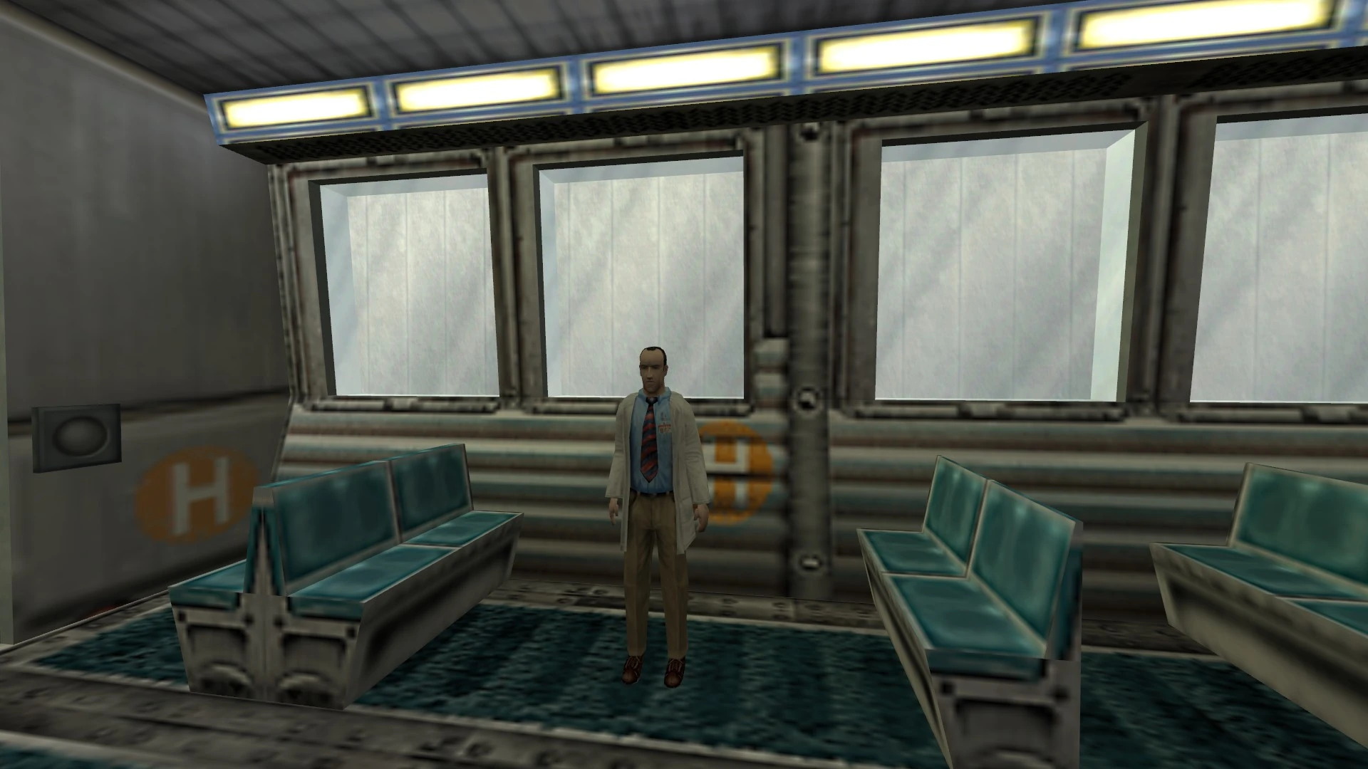 Scientist character stands inside a transport shuttle with blue seats and metal walls in Half-Life mod Sweet Half-Life