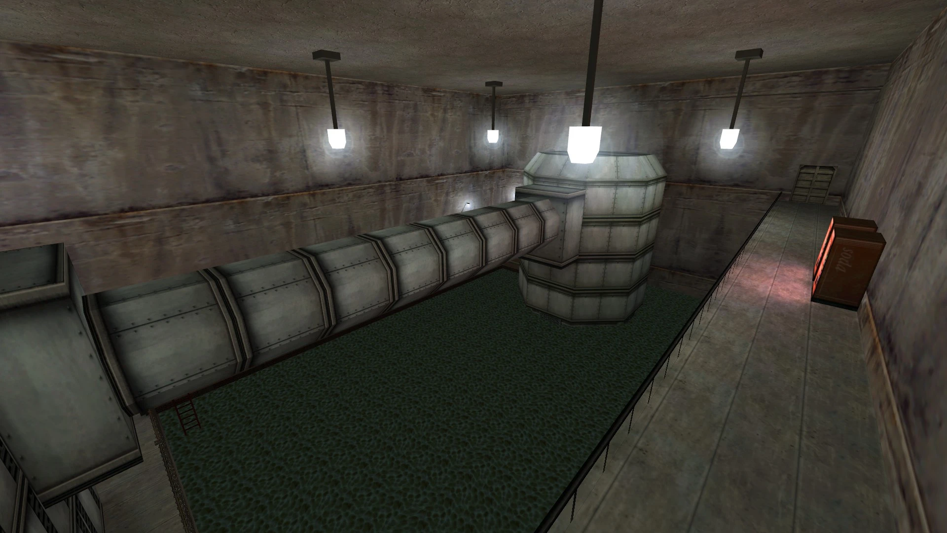Dimly lit industrial room with large ventilation ducts and soda vending machines in Half-Life mod