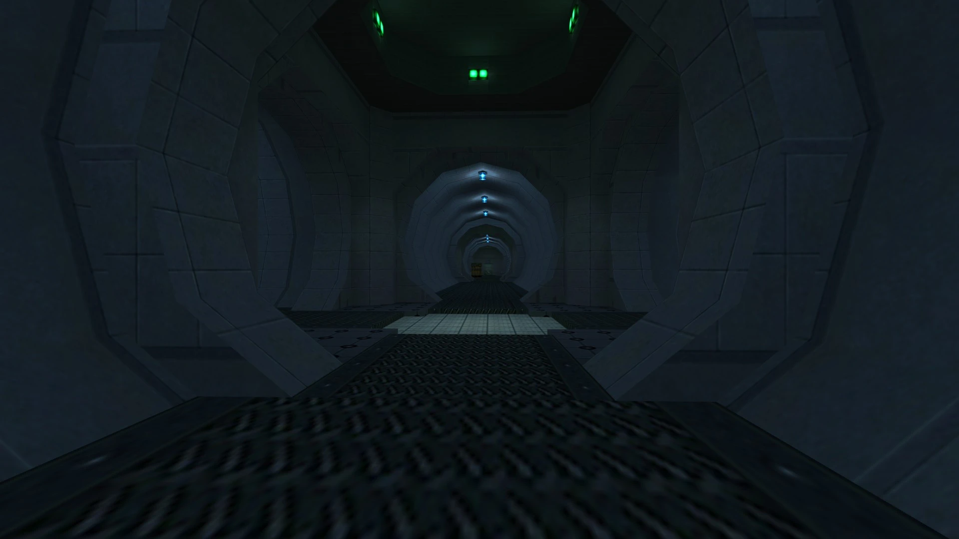 View down a dark industrial tunnel with blue lights and a crate at the end in Half-Life mod Sweet Half-Life