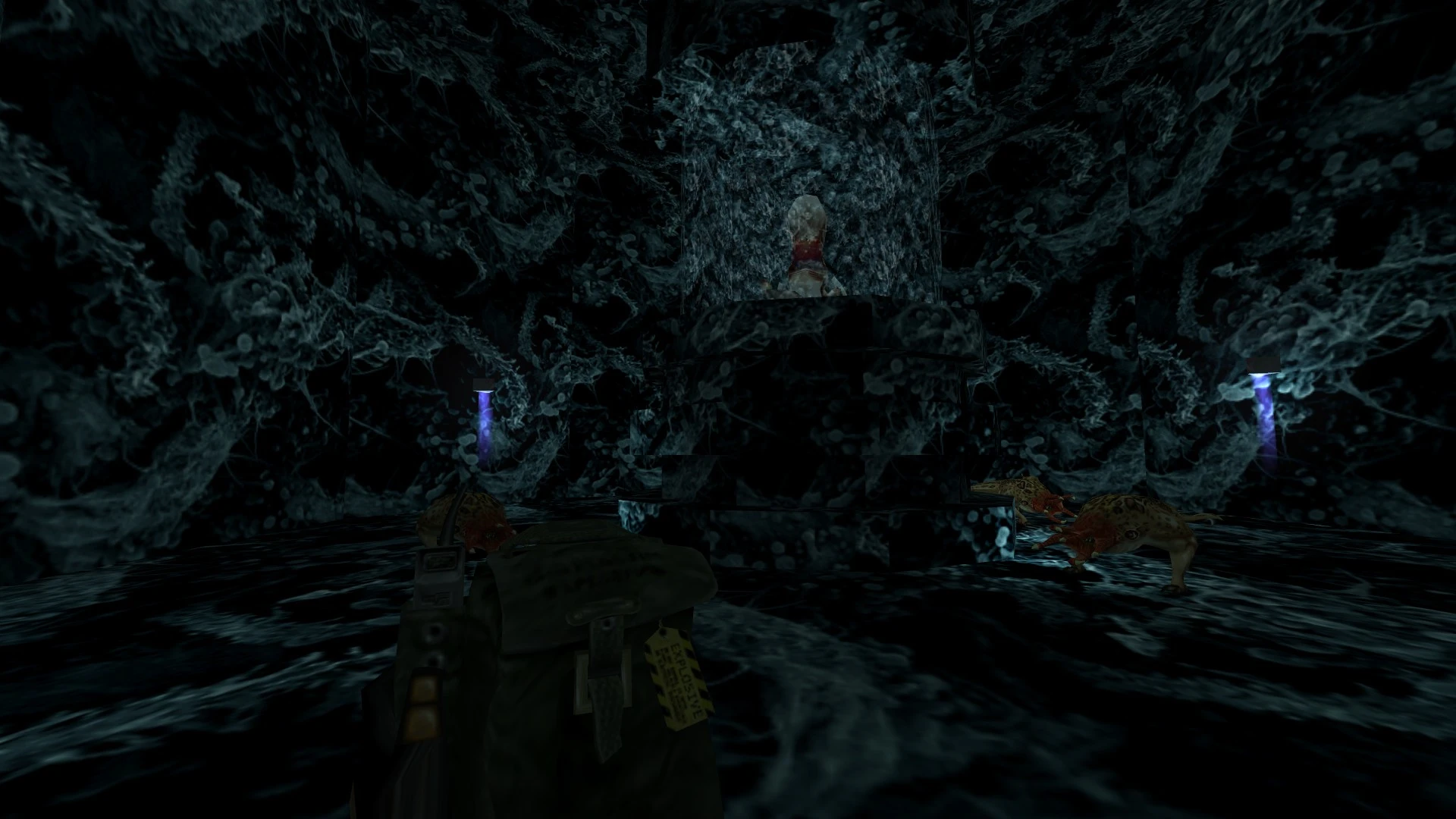 Player character approaches a dark web-filled alien nest with creatures near a central pod in Sweet Half-Life mod
