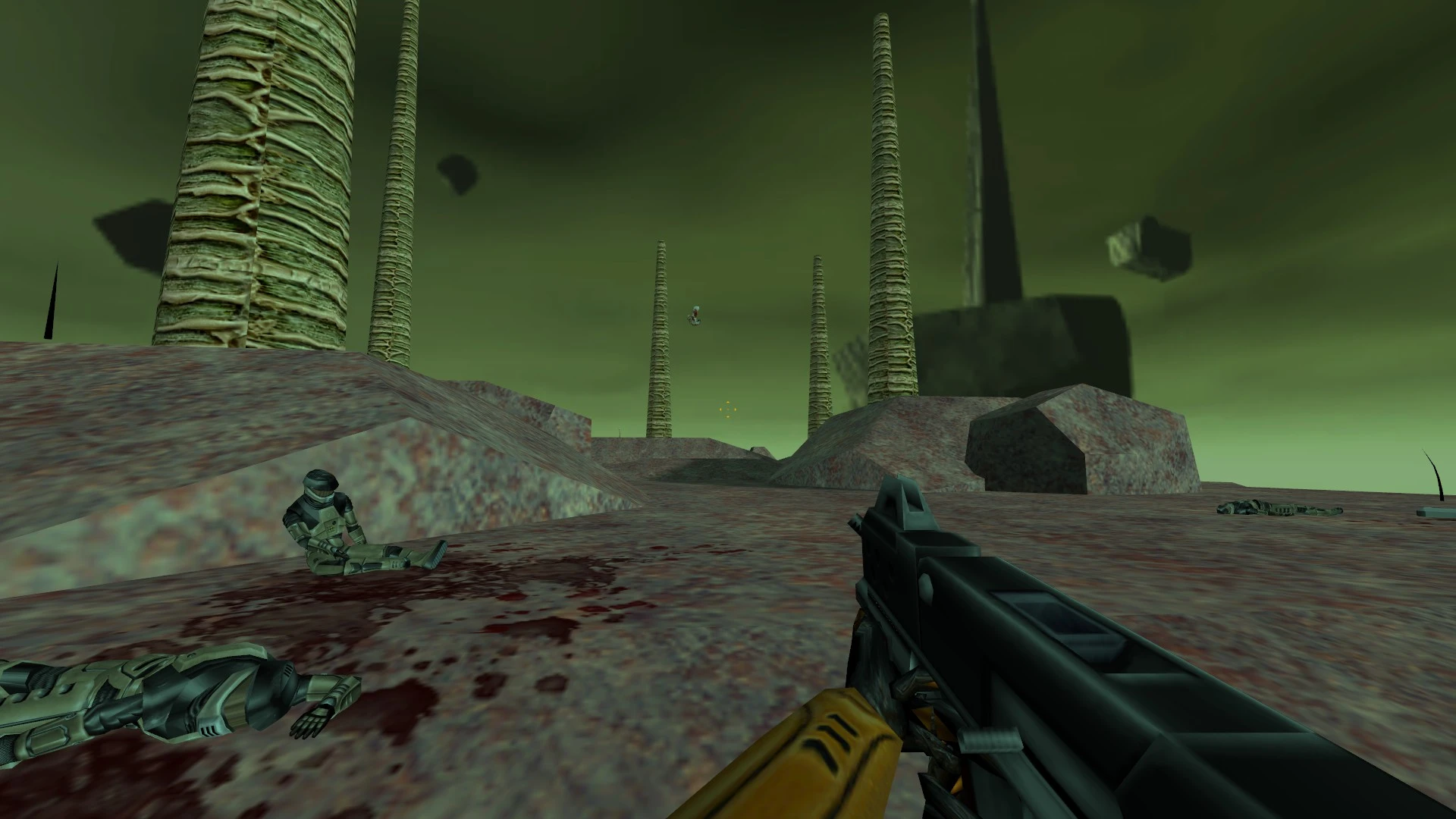 Screenshot from Sweet Half-Life mod showing first-person gun, alien terrain, tall spires, and fallen soldiers