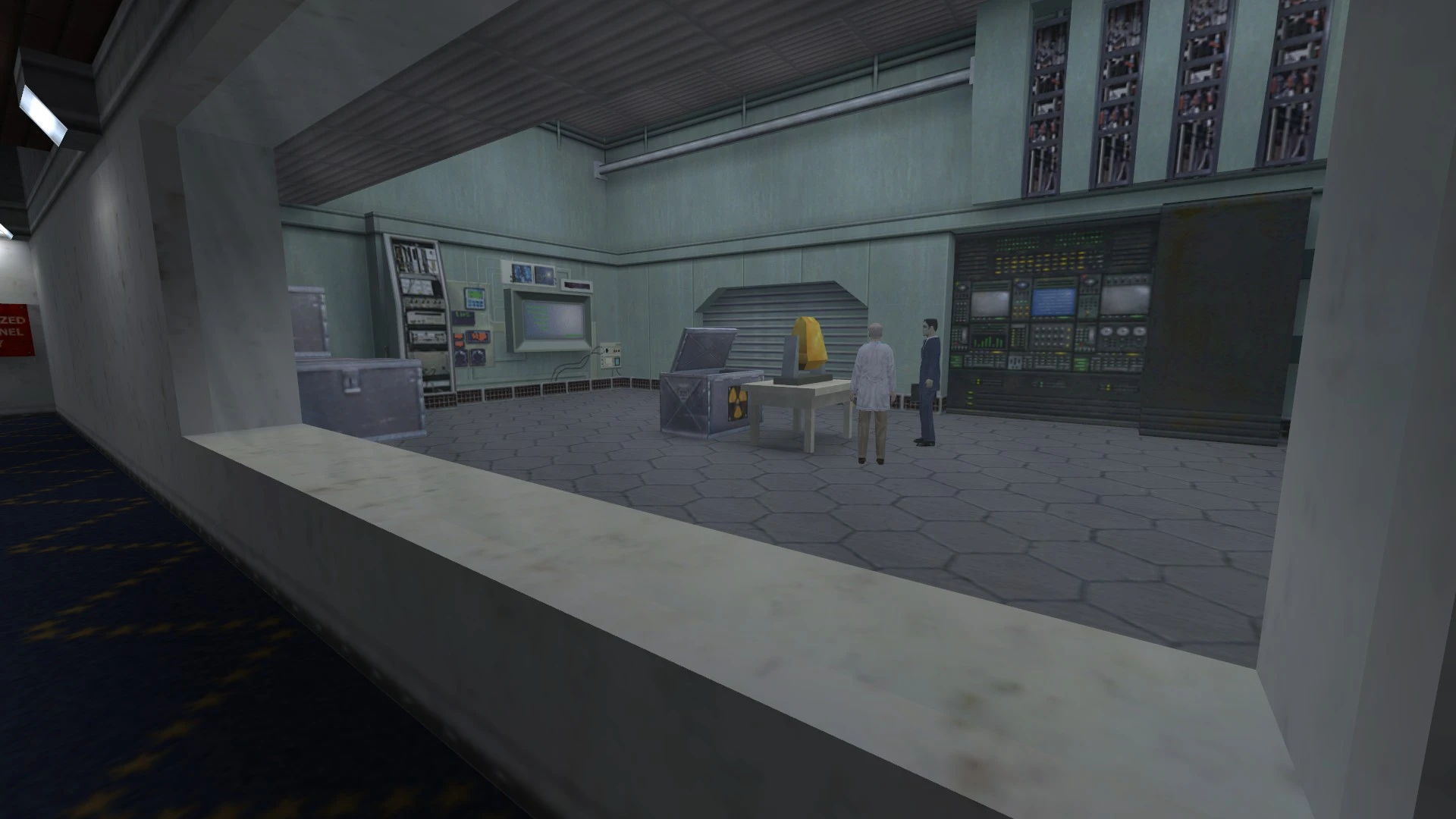 View through a glass window into a Half-Life lab showing two characters and radiation-marked equipment