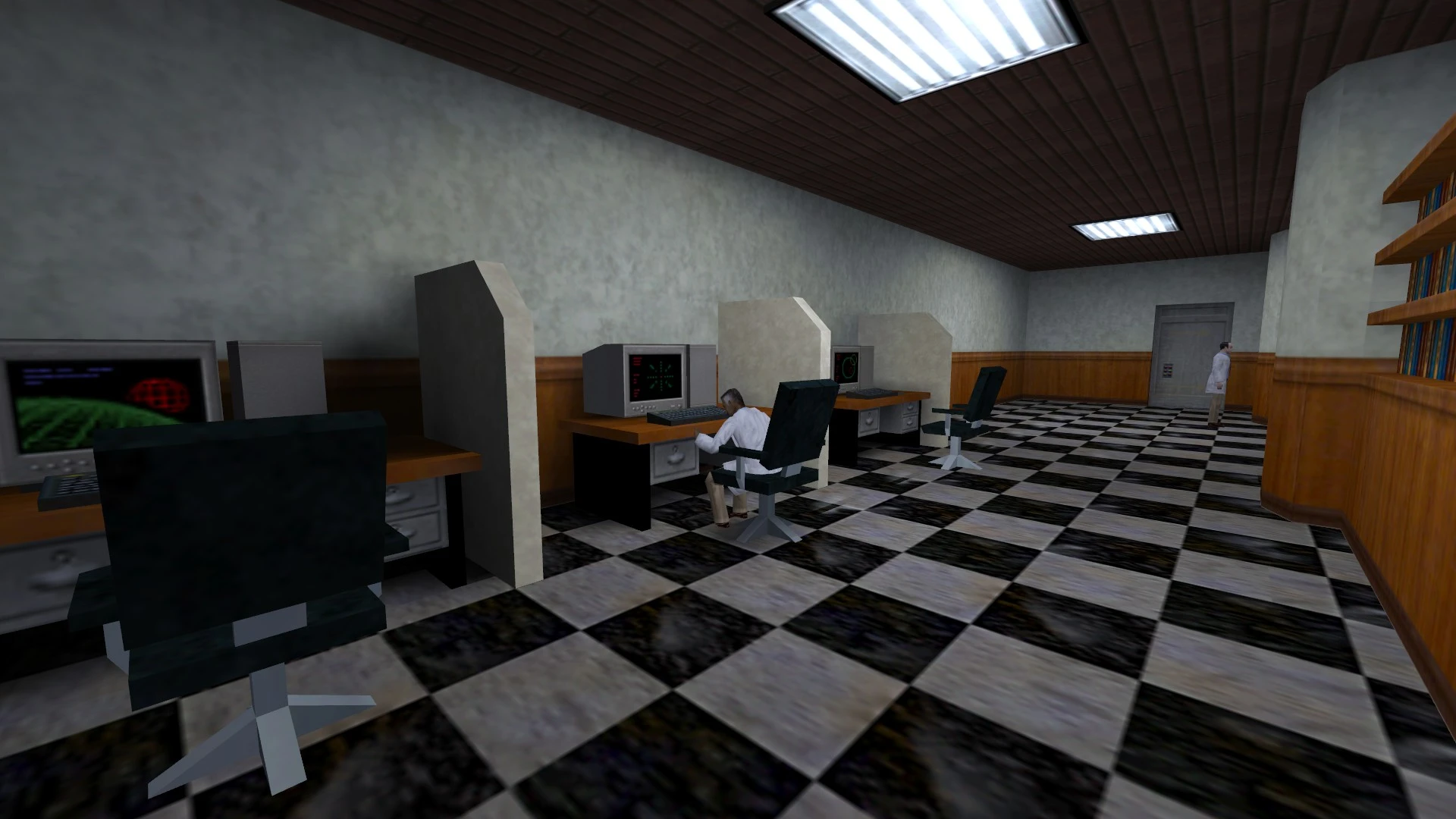 Half-Life mod Sweet Half-Life shows a checkered floor lab with scientists at old computers