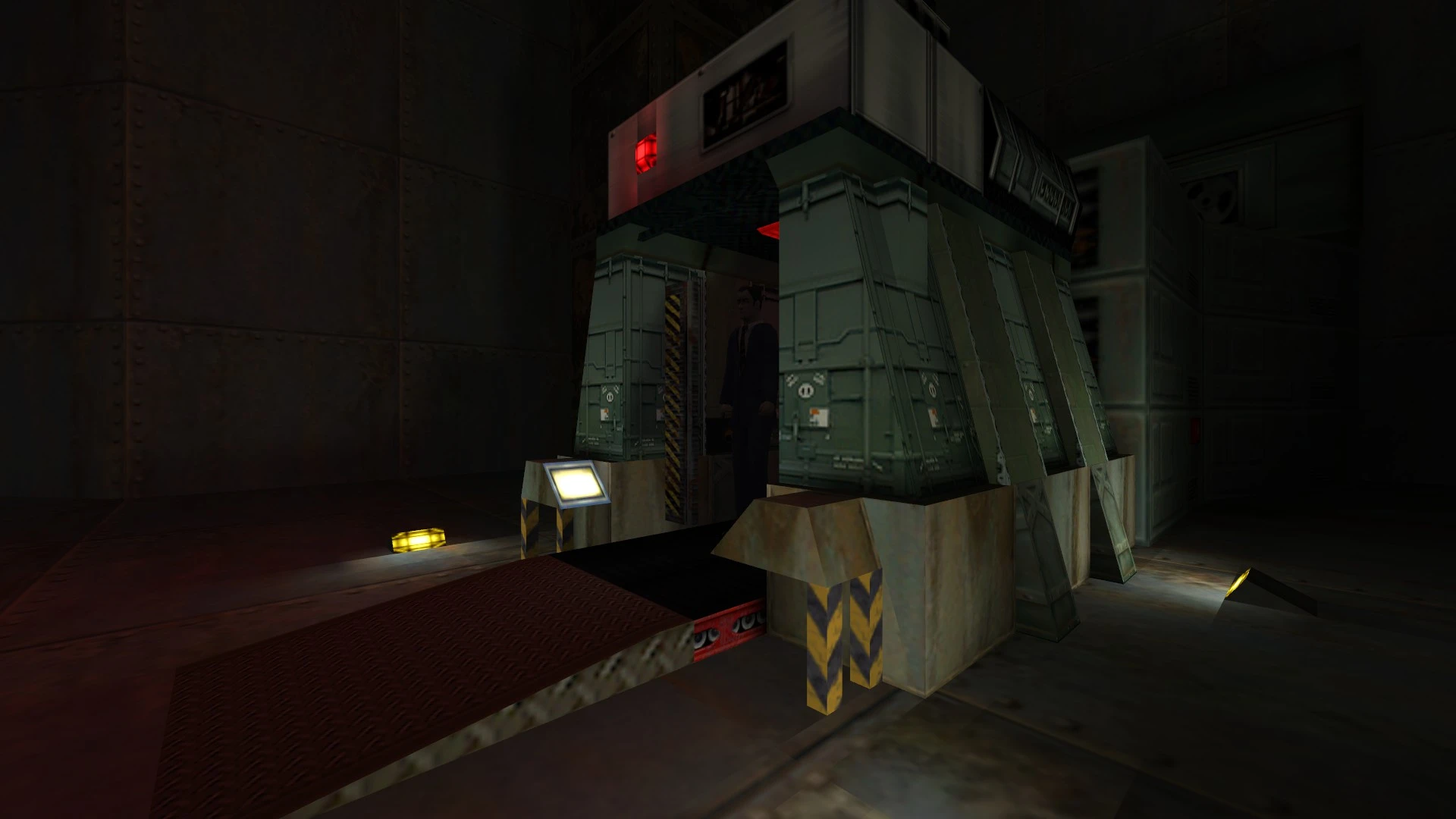 Dark industrial corridor with metal barriers and a suited NPC at the entrance in Half-Life Sweet Half-Life mod