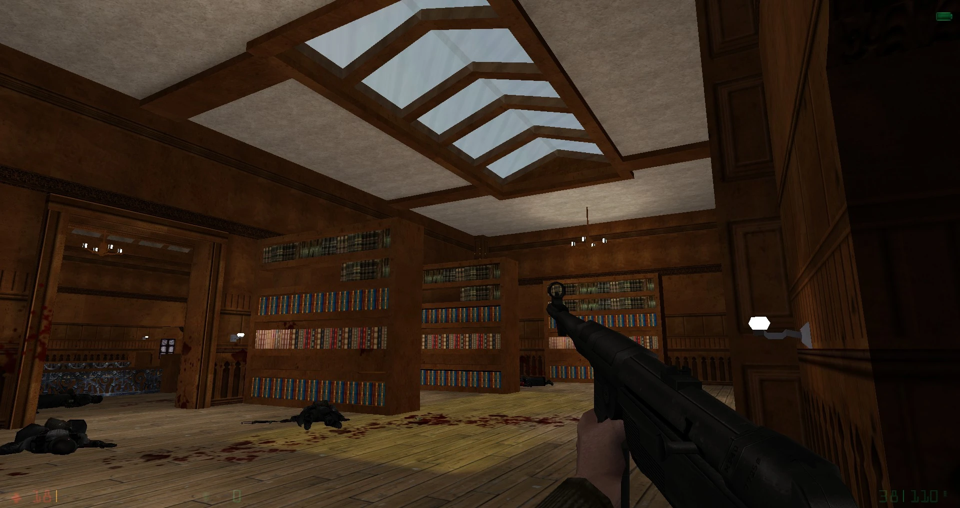 Spieler hält MP5-Waffe in Bibliotheksraum mit Bücherregalen und gefallenen Feinden im Half-Life-Mod The Last Bullet Updated