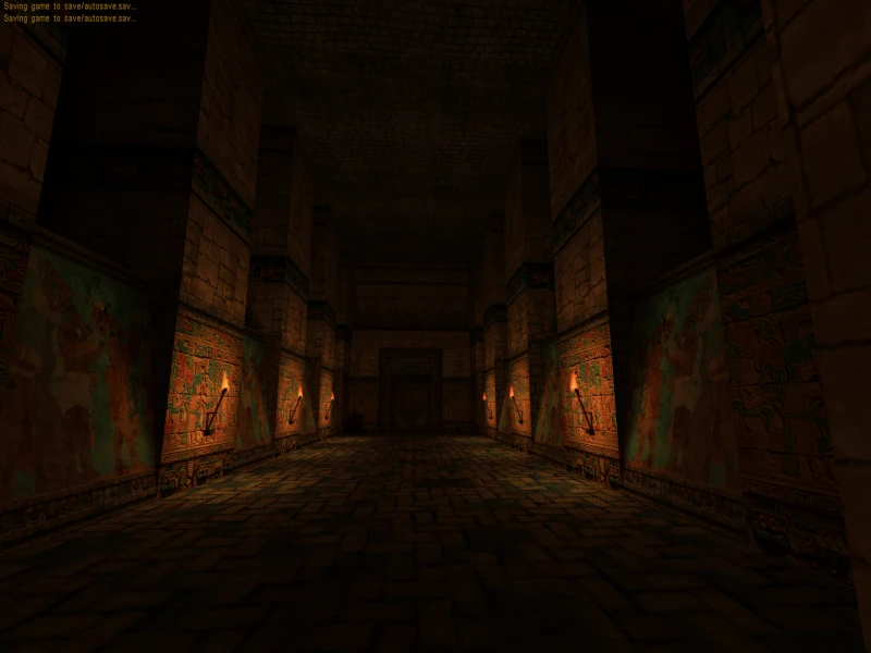 Schwach belehrter Steinkorridor mit antiken Wandgemälden und Fackeln in Half-Life-Mod The Last Bullet Updated