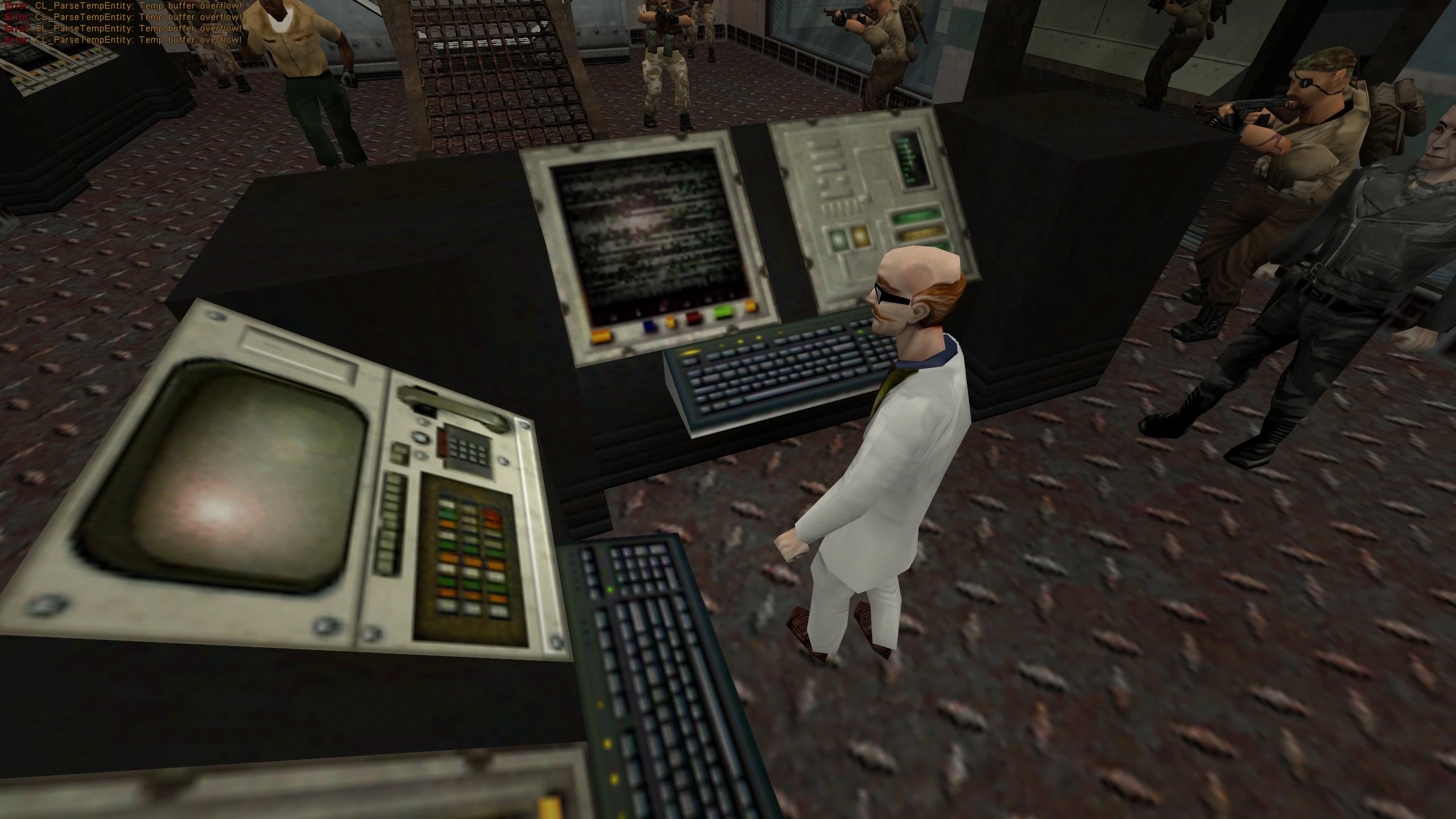 In-Game-Szene aus dem Half-Life Mod The Last Bullet Updated mit einem Wissenschaftler neben Computerpulten und bewaffneten Wächtern