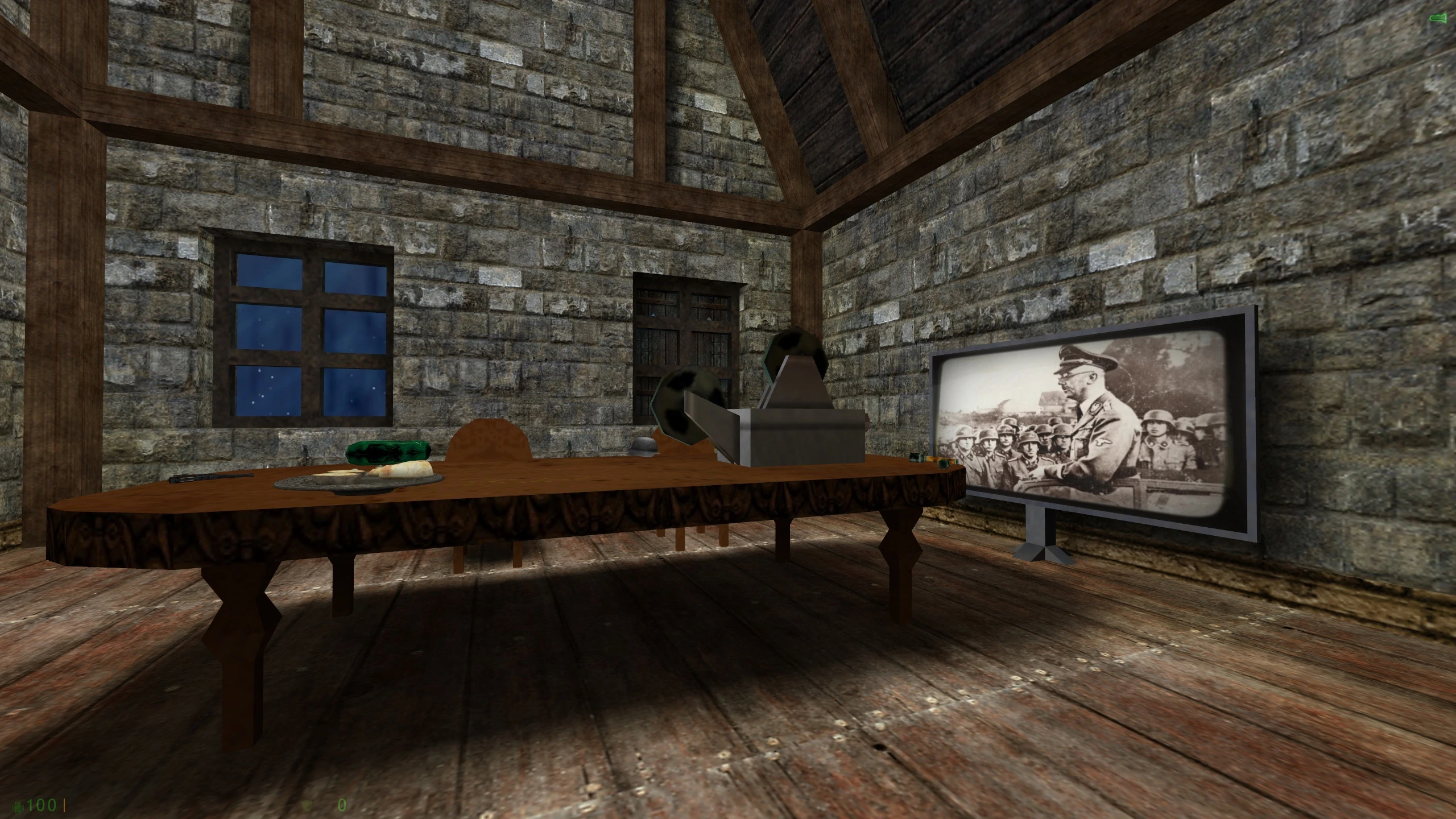 Ingame-Screenshot aus Half-Life Mod mit rustikalem Kriegsraum aus Stein und Holz, Tisch und altem Militärfoto