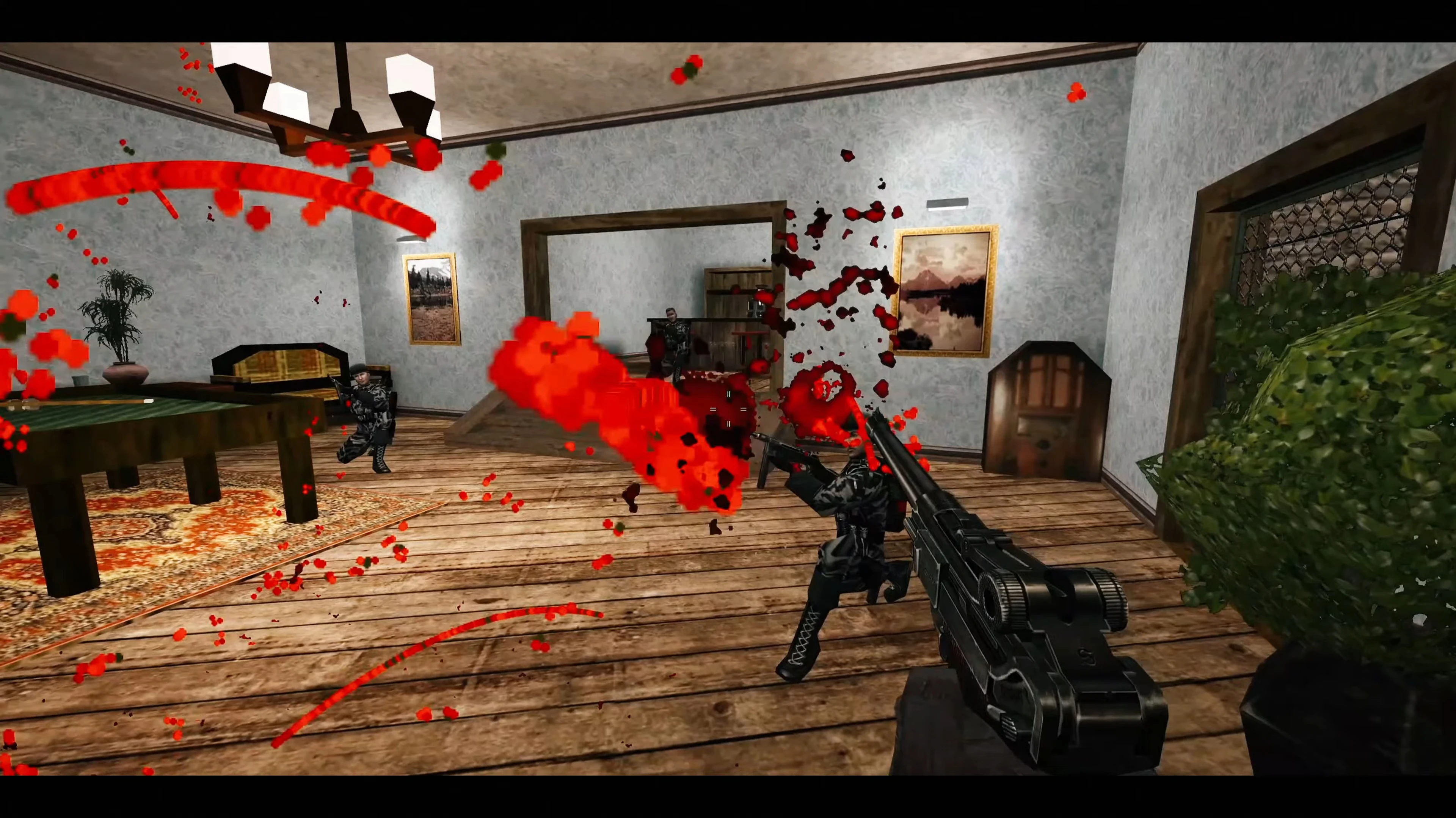 First-Person-Ansicht eines Feuergefechts mit Soldaten in Innenräumen mit Bluteffekten im Half-Life-Mod The Last Bullet