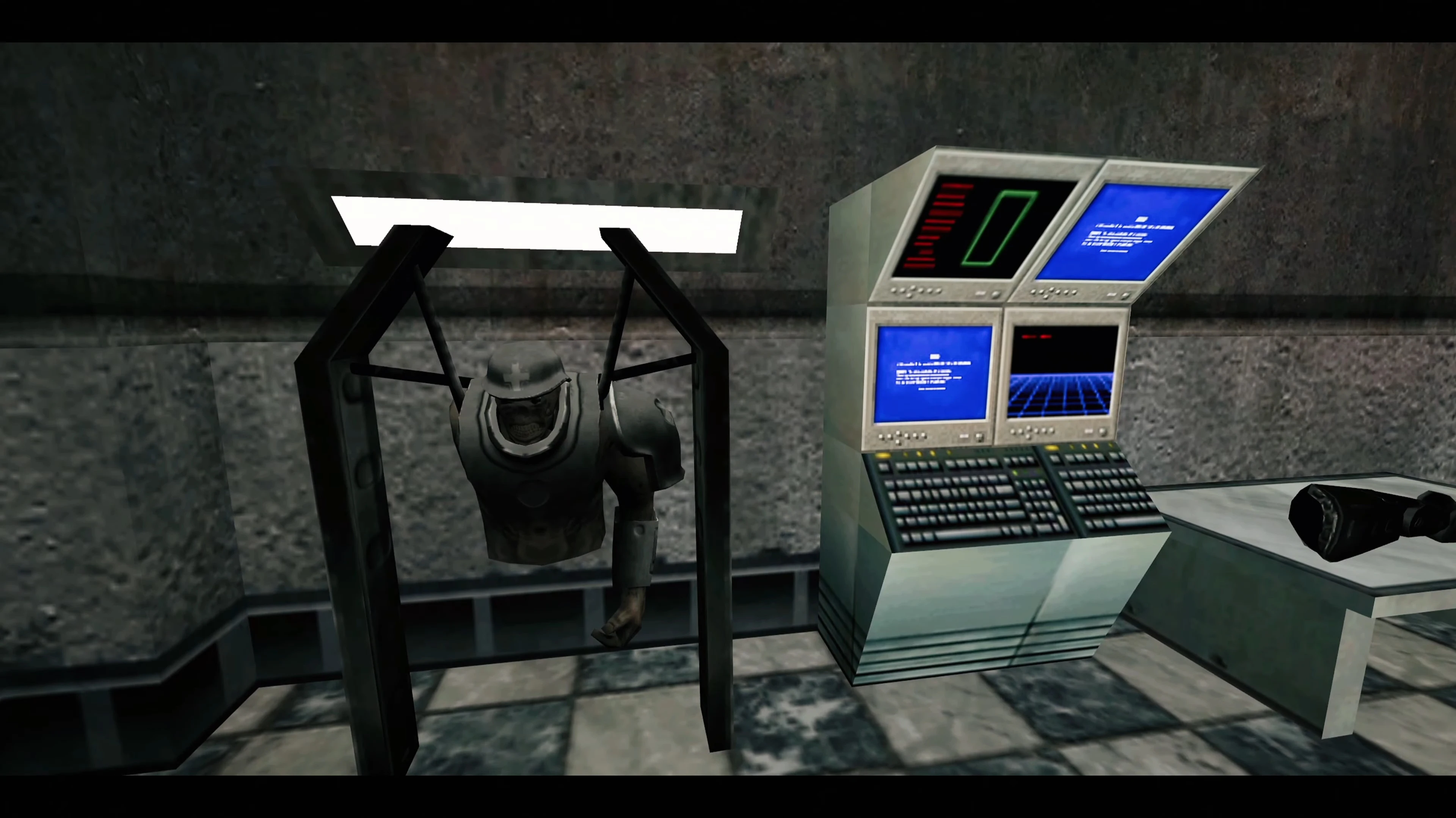 In der Half-Life-Mod The Last Bullet Updated steht ein Zombiesoldat eingesperrt neben einem Computer mit blauen Fehlerbildschirmen in einem grauen Laborraum