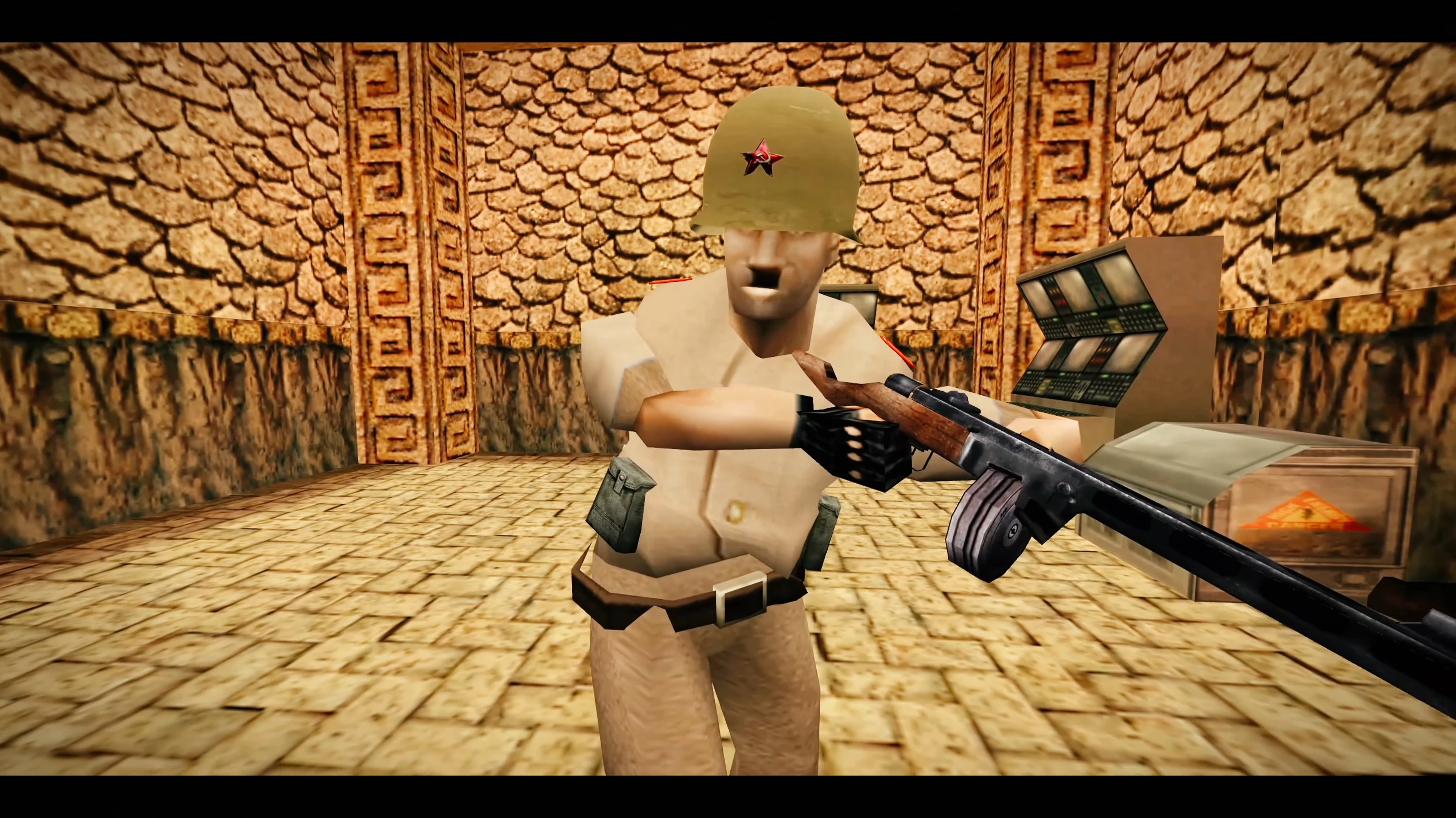 Erste-Person-Ansicht beim Zielen mit einer Waffe auf einen sowjetischen Soldaten mit Helm in einem steinverzierten Raum im Half-Life-Mod