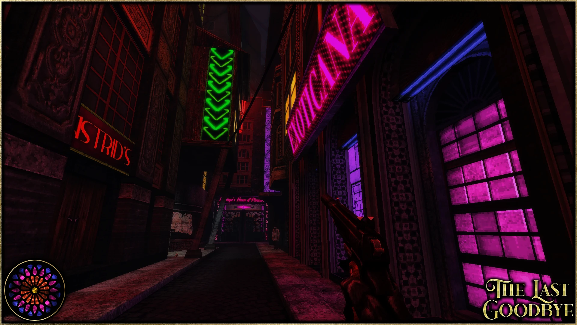 Widok z pierwszej osoby na ciemną alejkę oświetloną neonami z rewolwerem w modzie Half-Life The Last Goodbye