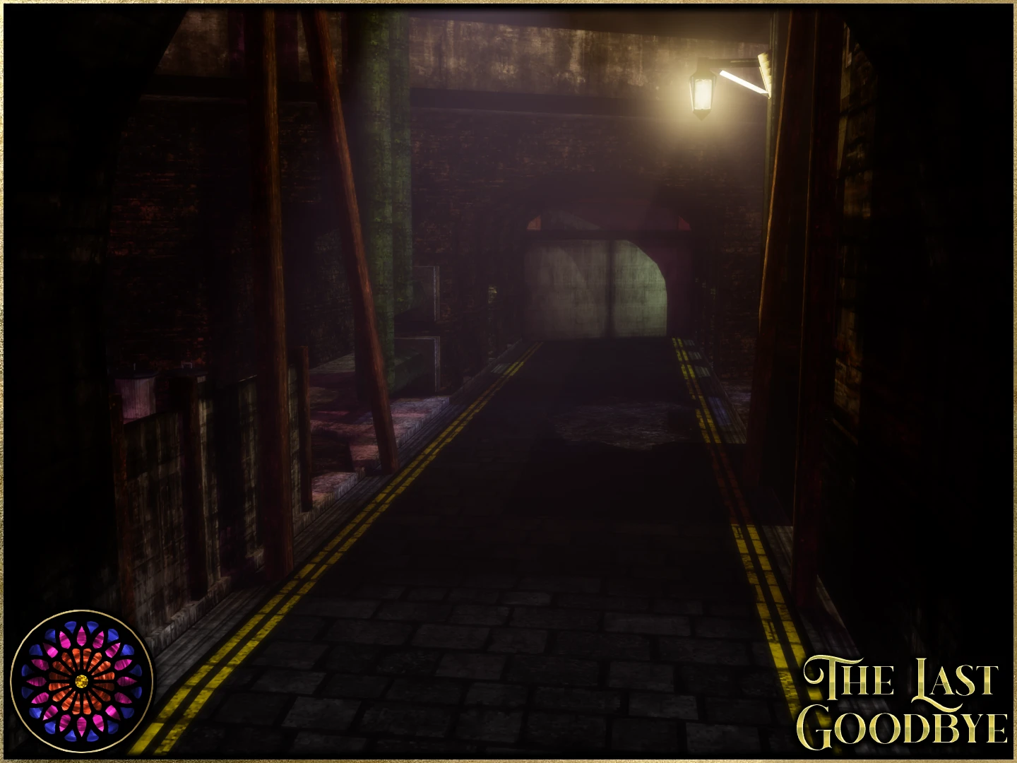 Słabo oświetlony tunel z ceglanymi ścianami i drewnianymi podporami w modzie The Last Goodbye do Half-Life