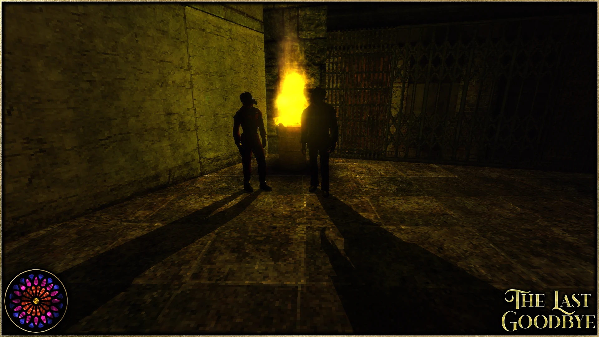 Dwie postacie w sylwetce stojące przy płonącym beczce w słabo oświetlonym zaułku w modzie Half-Life The Last Goodbye