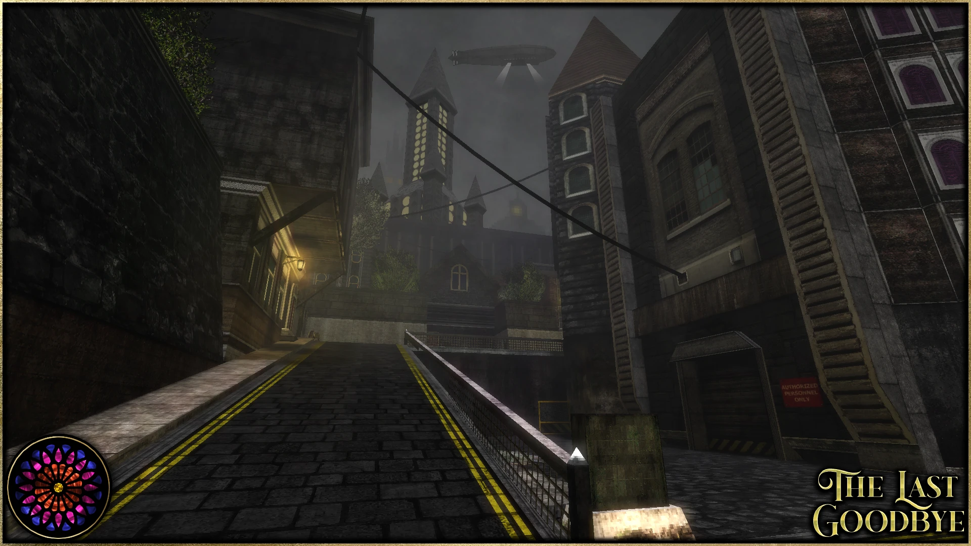 Mglisty miejski krajobraz z brukowaną ulicą i budynkami pod ciemnym niebem w modzie Half-Life