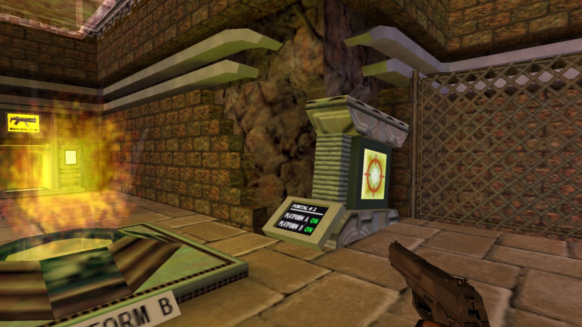 W modzie The Trap do Half-Life widok z pierwszej osoby na pistolet, palenisko i panel sterowania z ekranem celownika