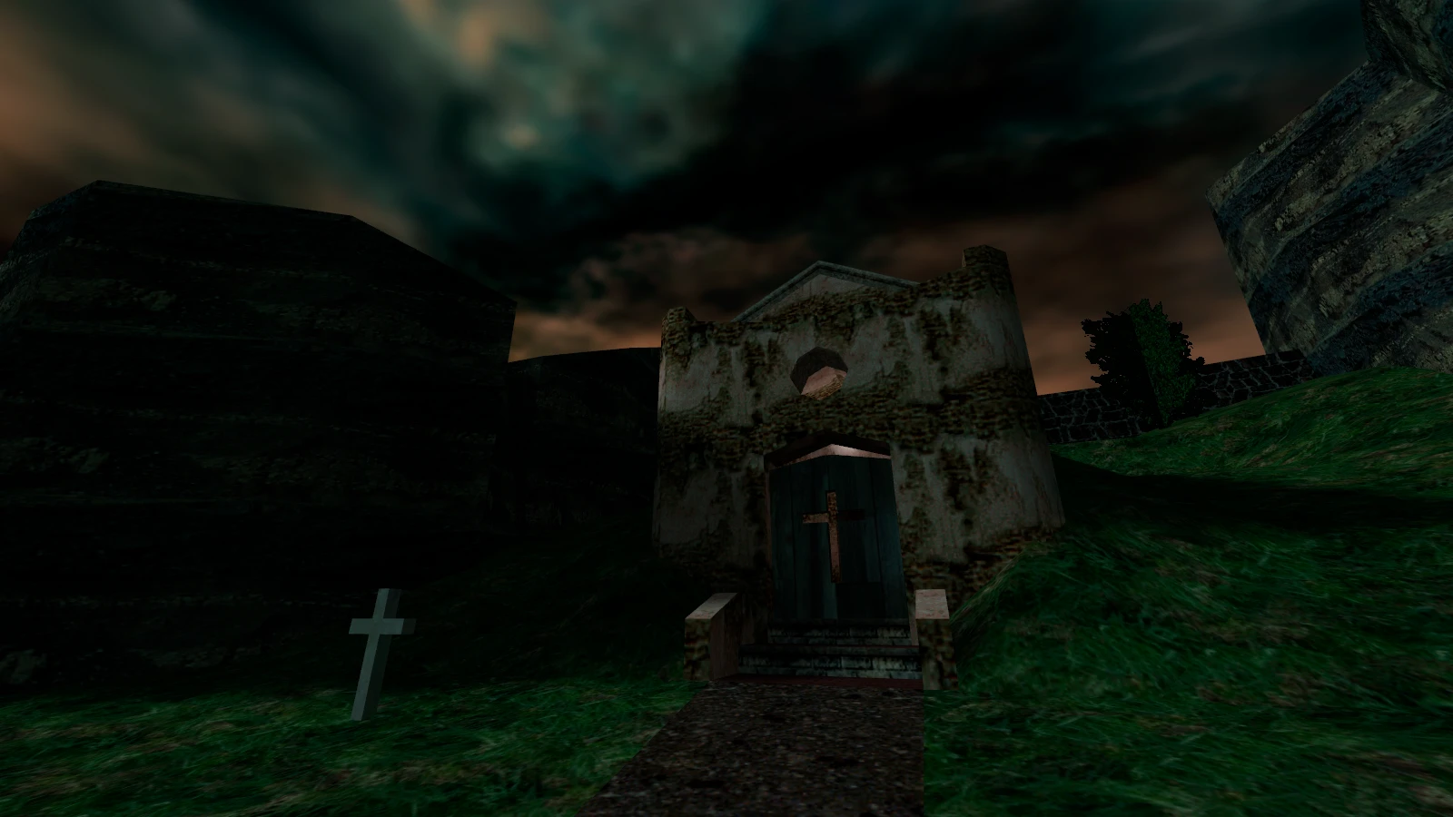 Escena oscura y sombría de la entrada de un cementerio con puerta de madera y cruces bajo un cielo lúgubre en They Hunger Rebuild
